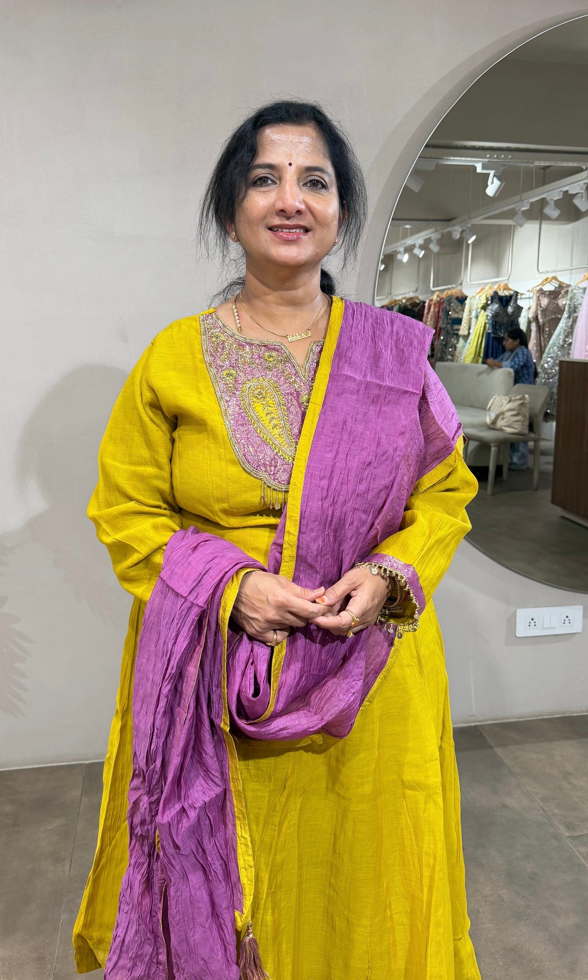 Mustard Anarkali Set with Magenta Dupatta
