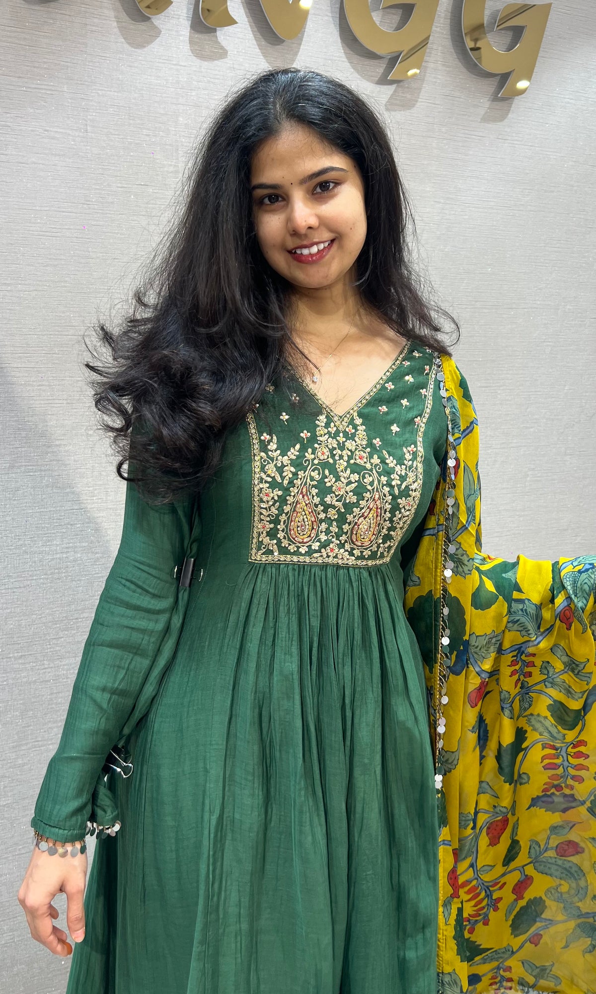 Green mul chanderi Kurta Set with Floral Dupatta