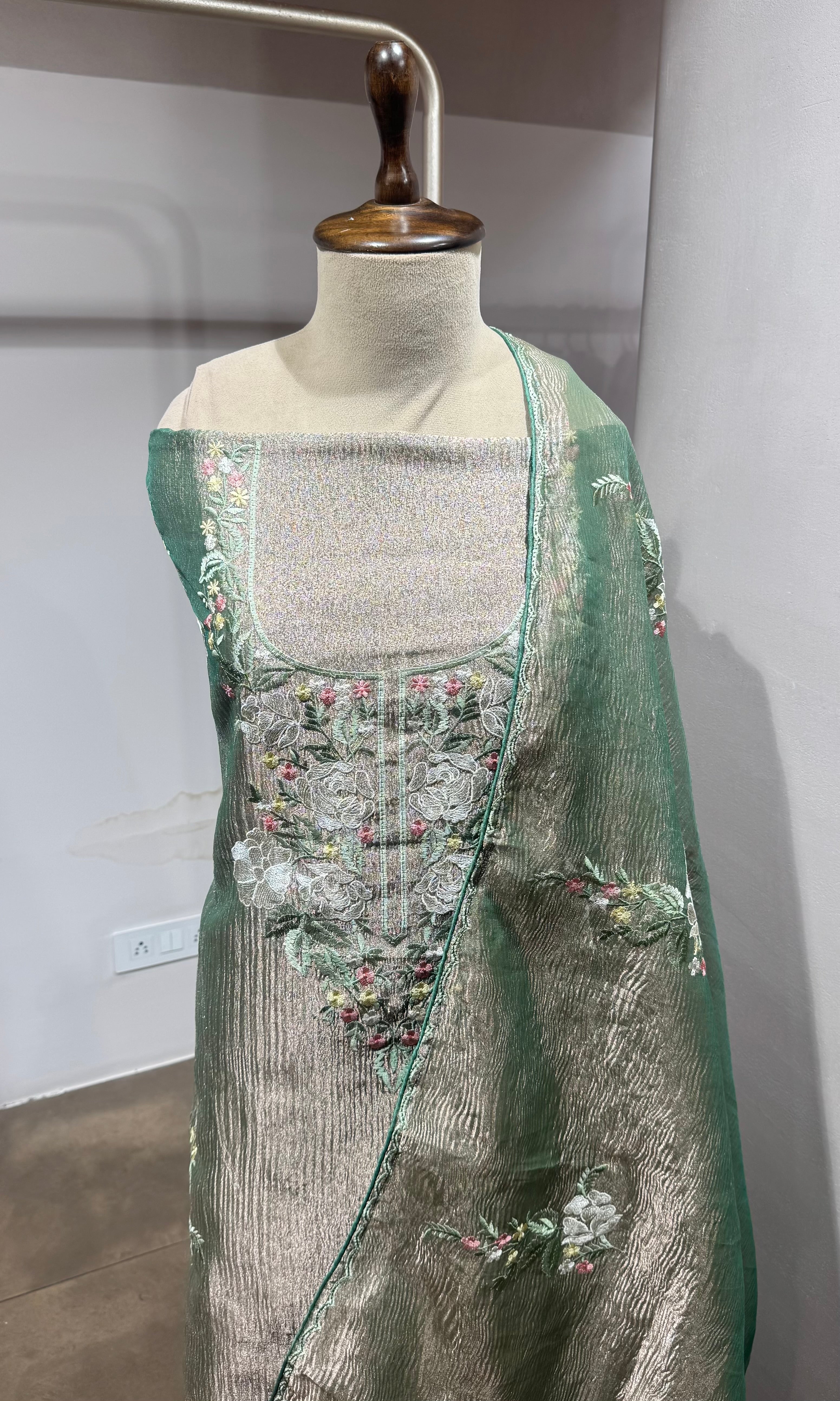 Green Floral tissue dress material