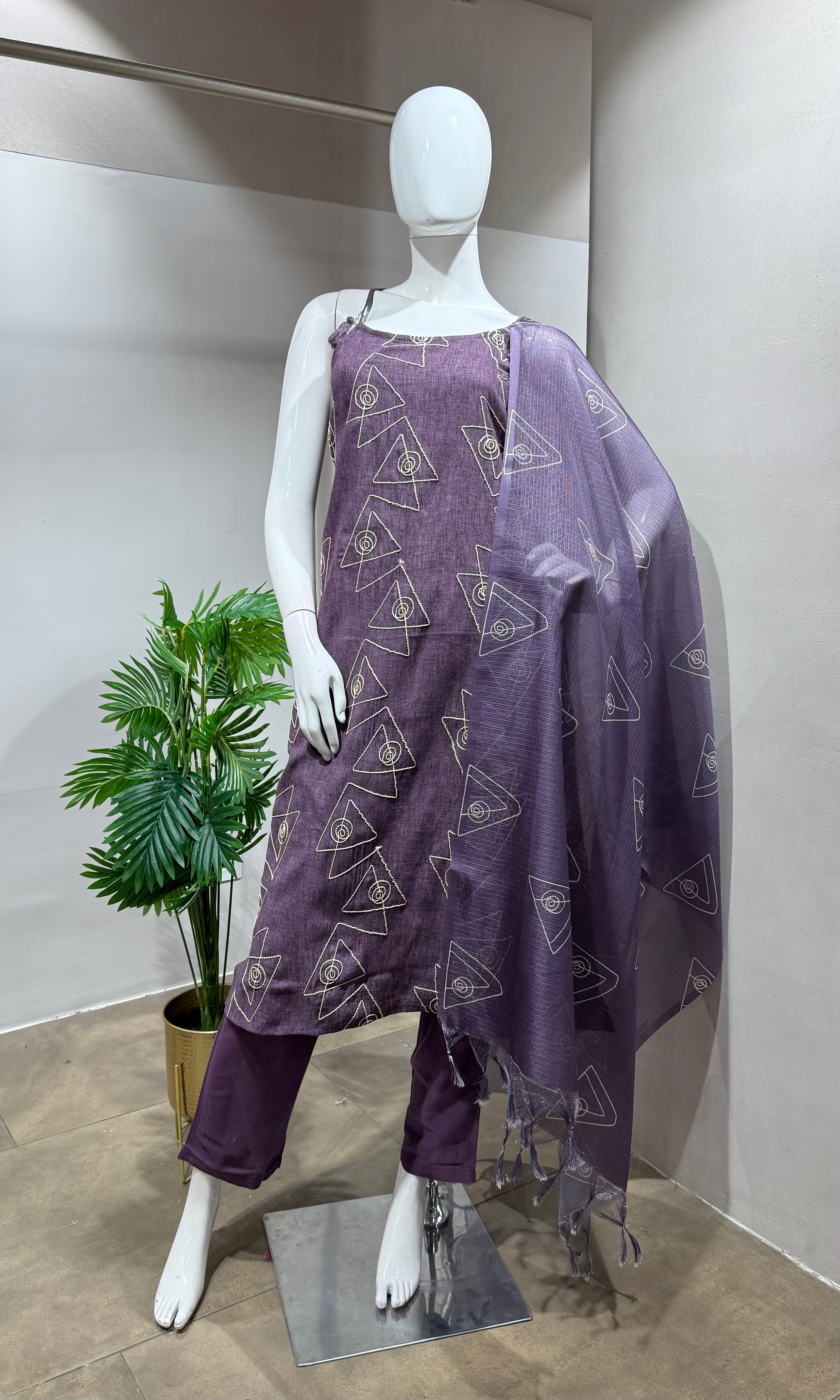 WINE Embroidered Kurta Set with Striped Dupatta