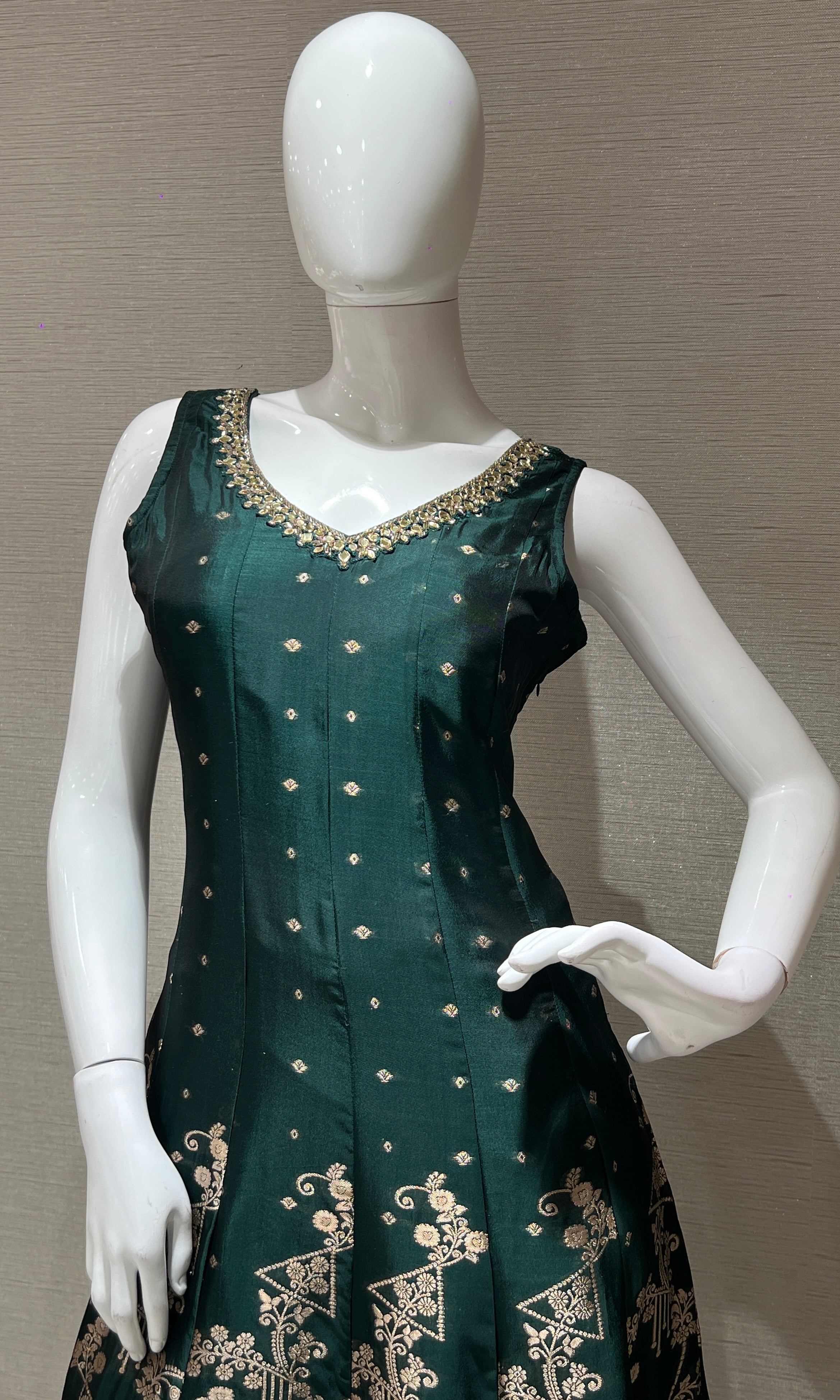 Bottle Green Anarkali with Gold Print embroidery