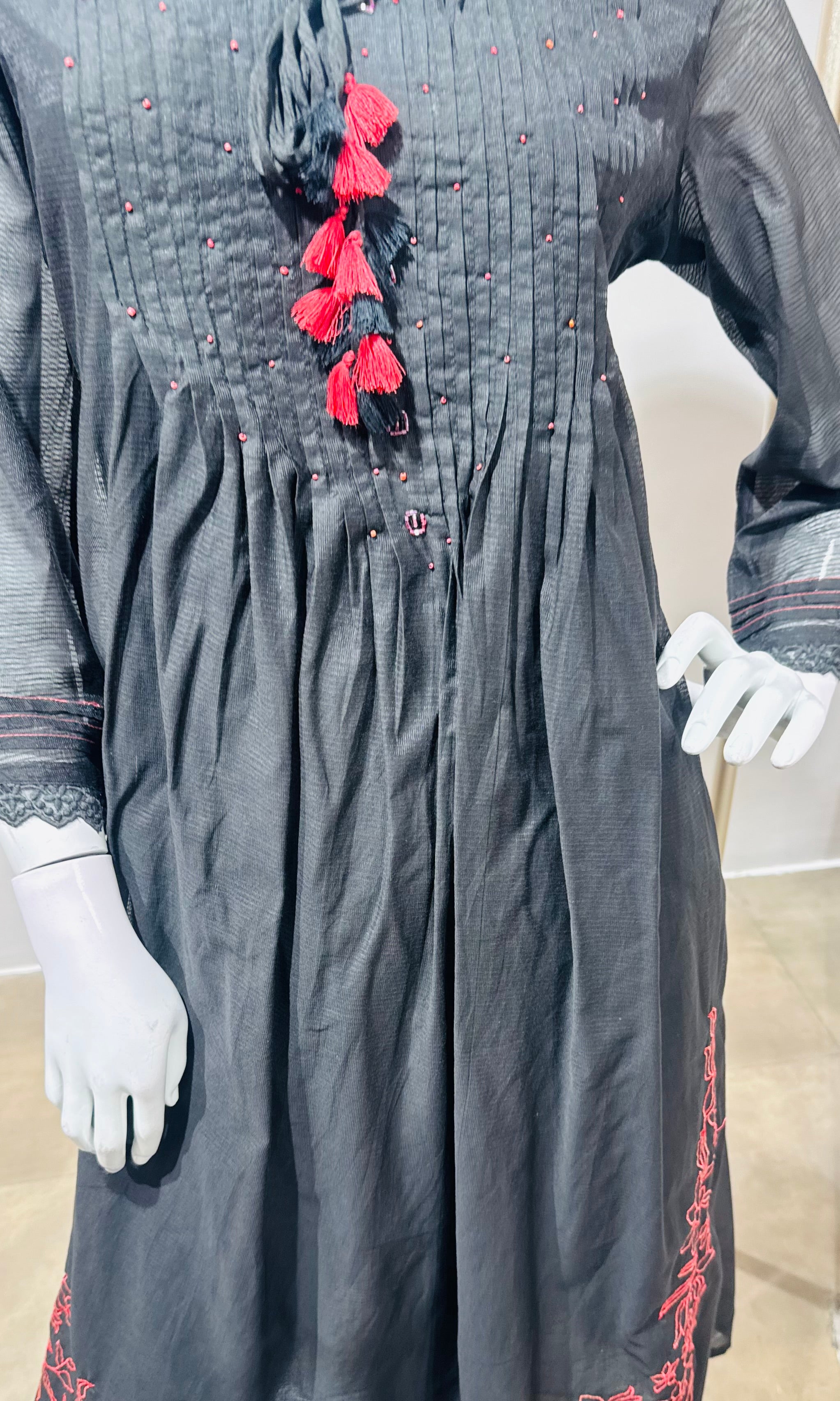Black Pleated Kurti Set with Red Tassels