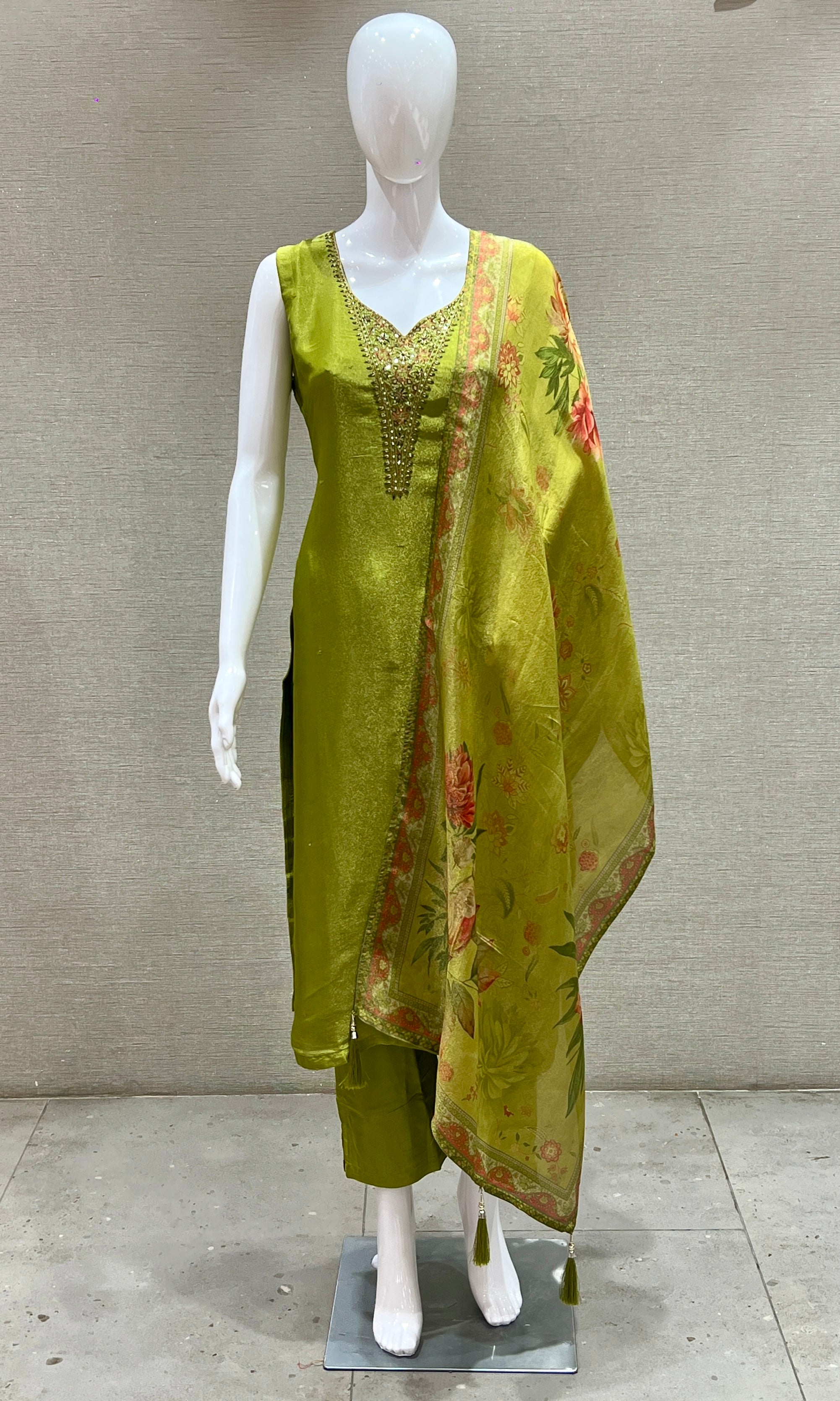 Elegant Green Embellished Kurta Set with Printed Dupatta