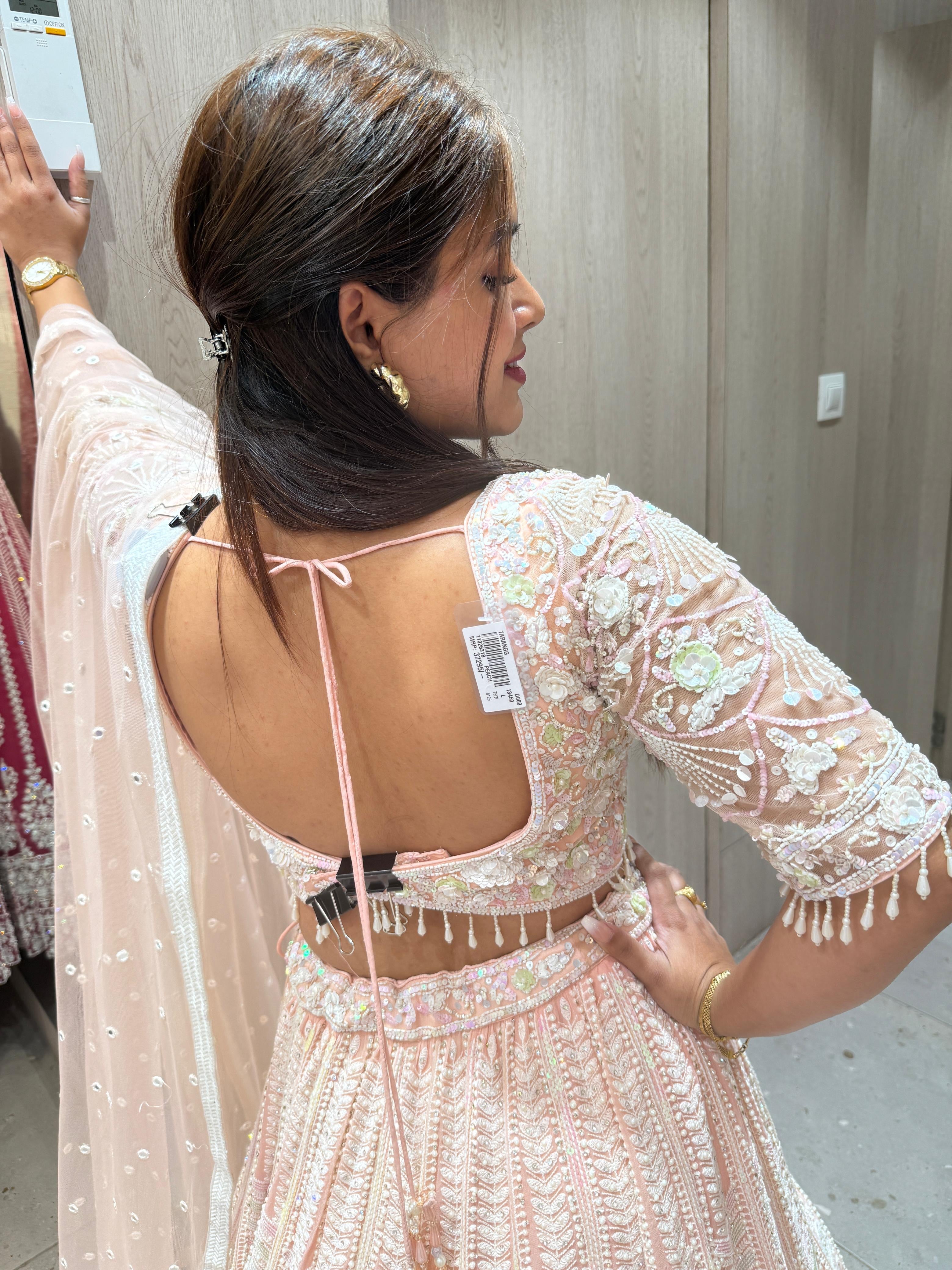 Peach and White Roses Pearl Georgette Lehenga