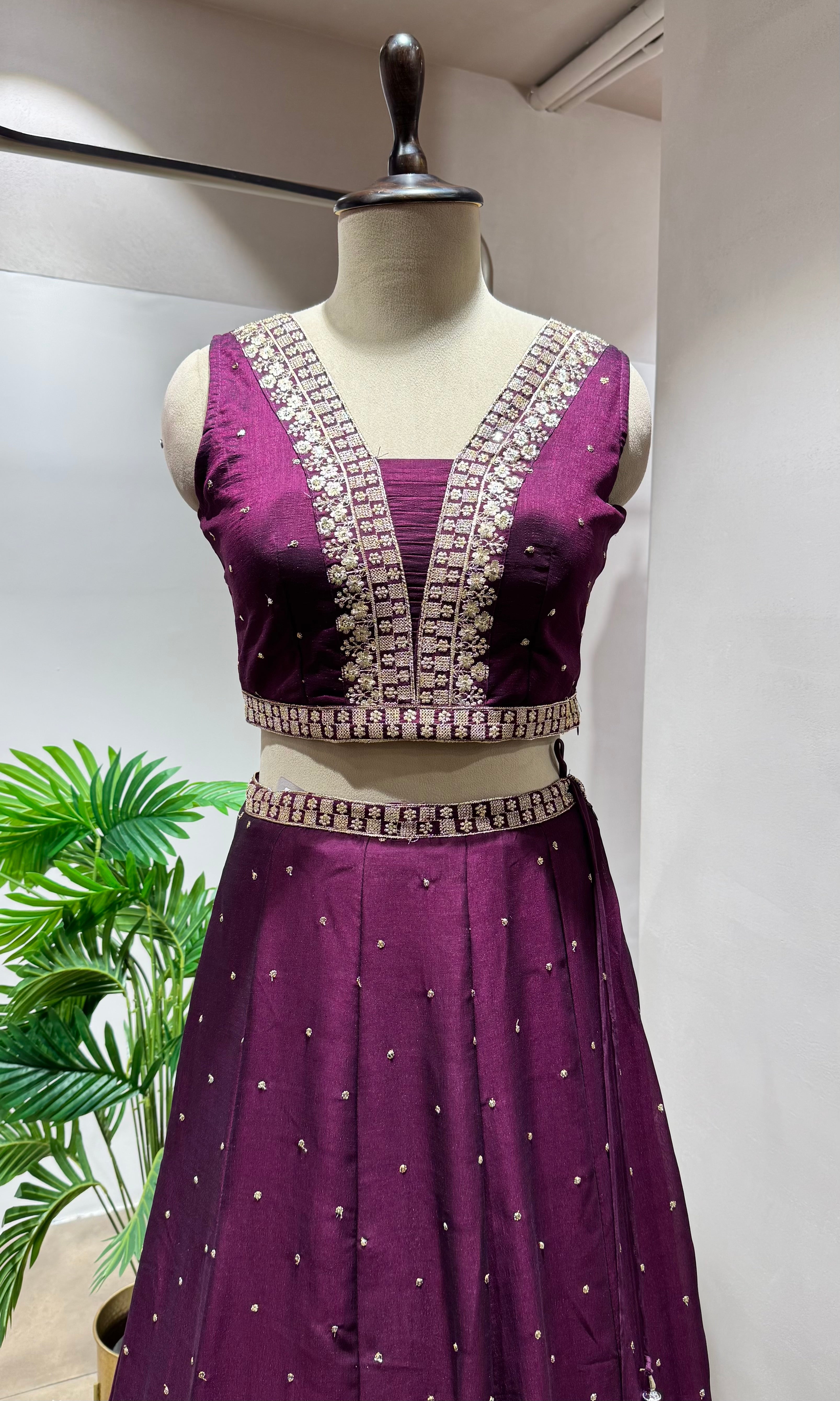 Wine Silk Lehenga with Intricate Zari Embroidery