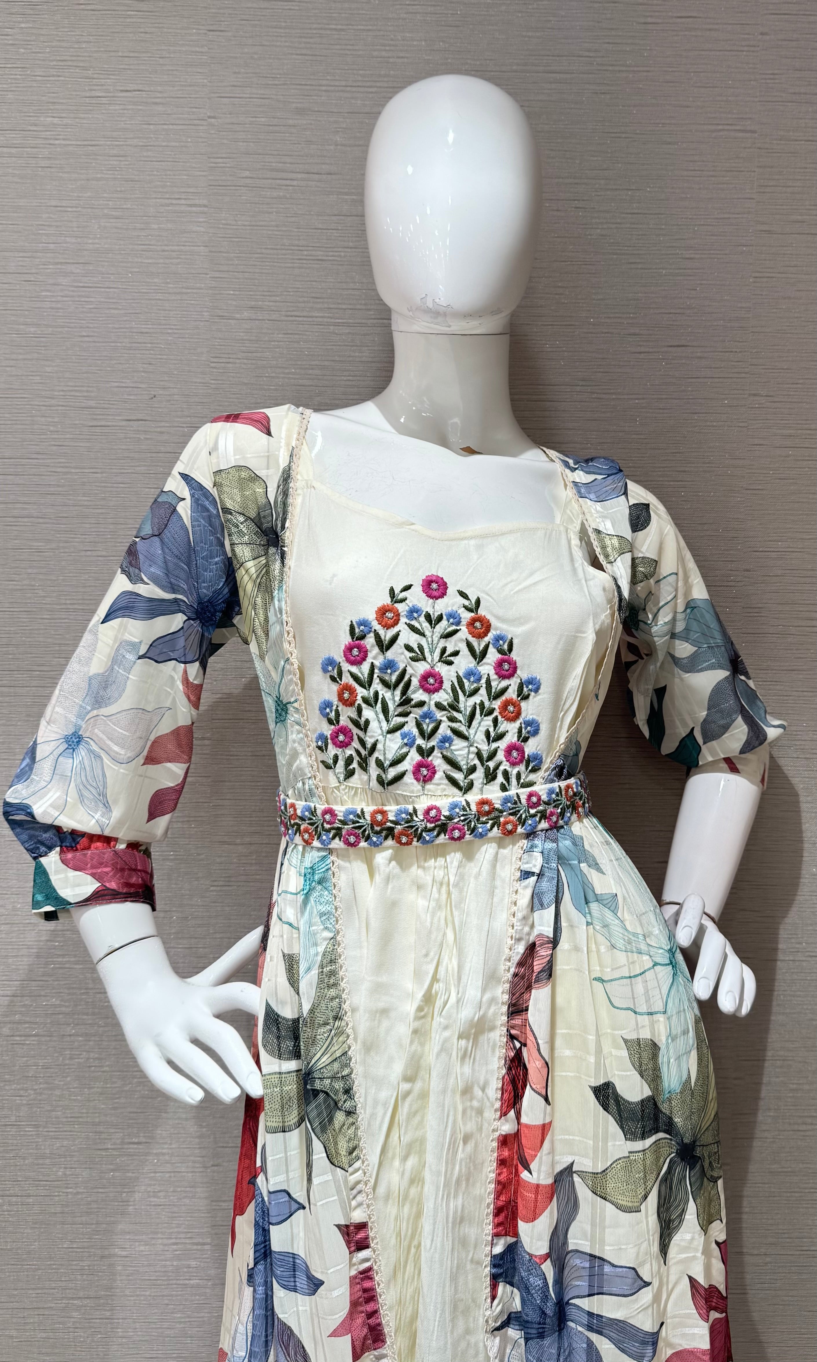 Blue Long Sleeve Floral Print Dress
