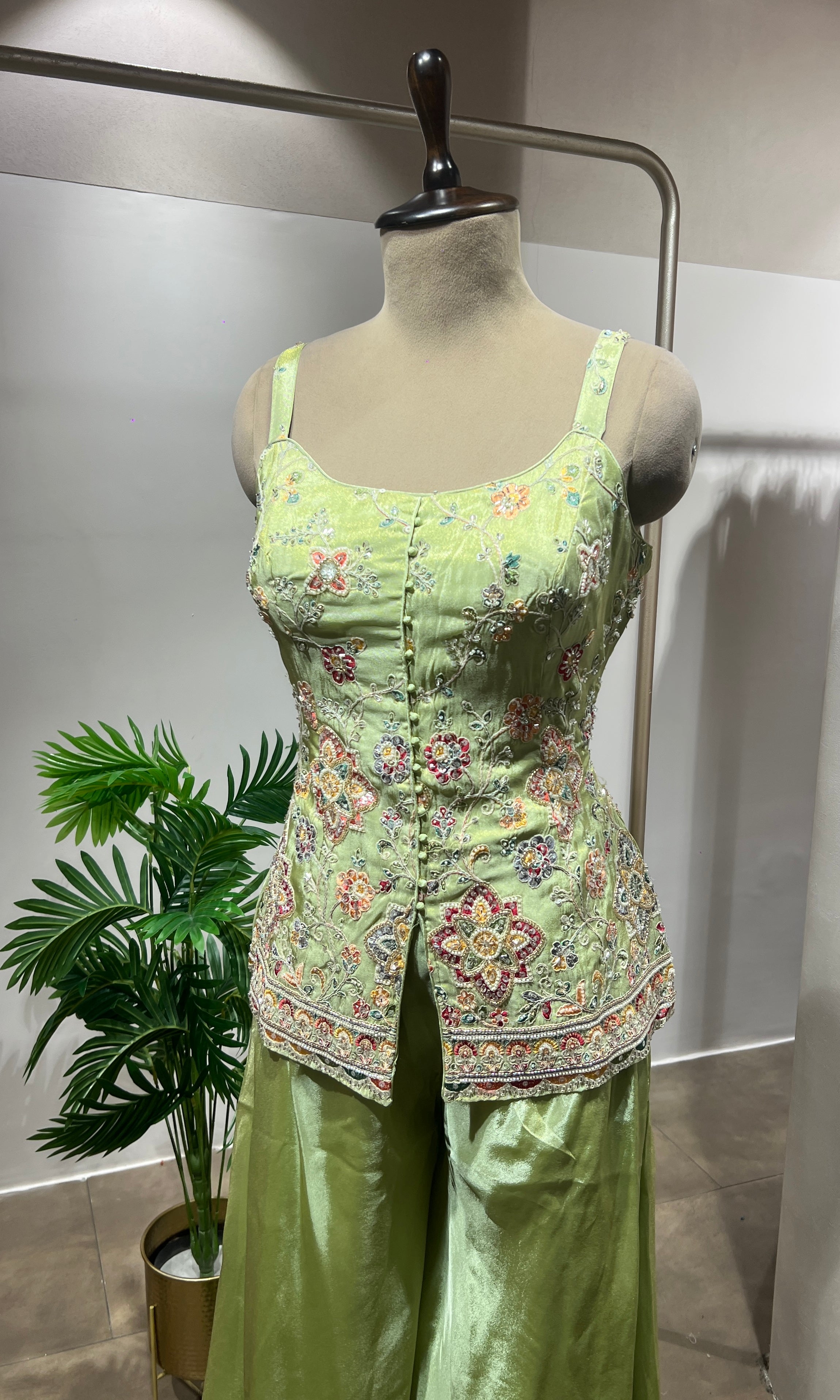 Green Embroidered Peplum & Palazzo suit
