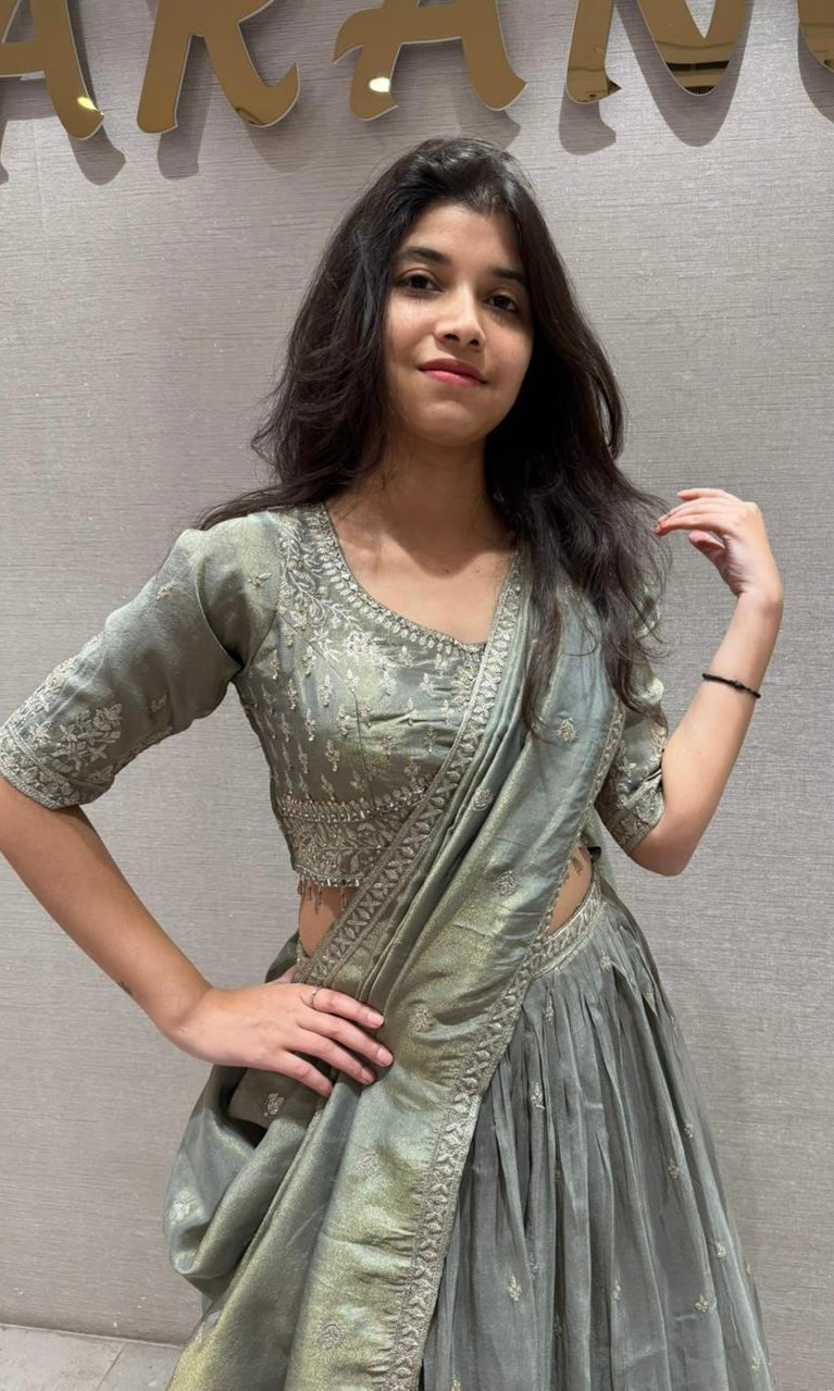 Sage GREEN Whisper Draped Lehenga Set