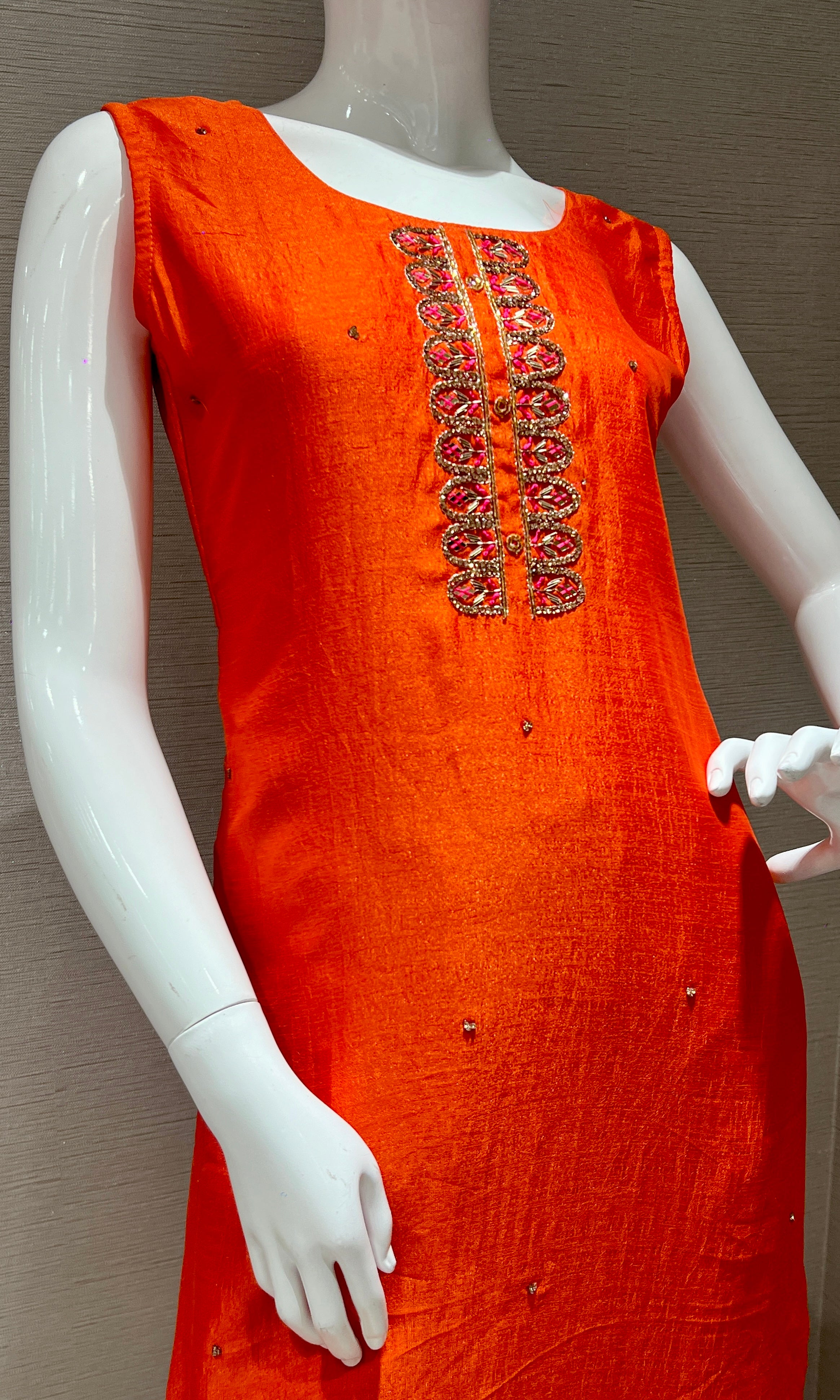 Orange Kurta set with Pink Brocade Dupatta