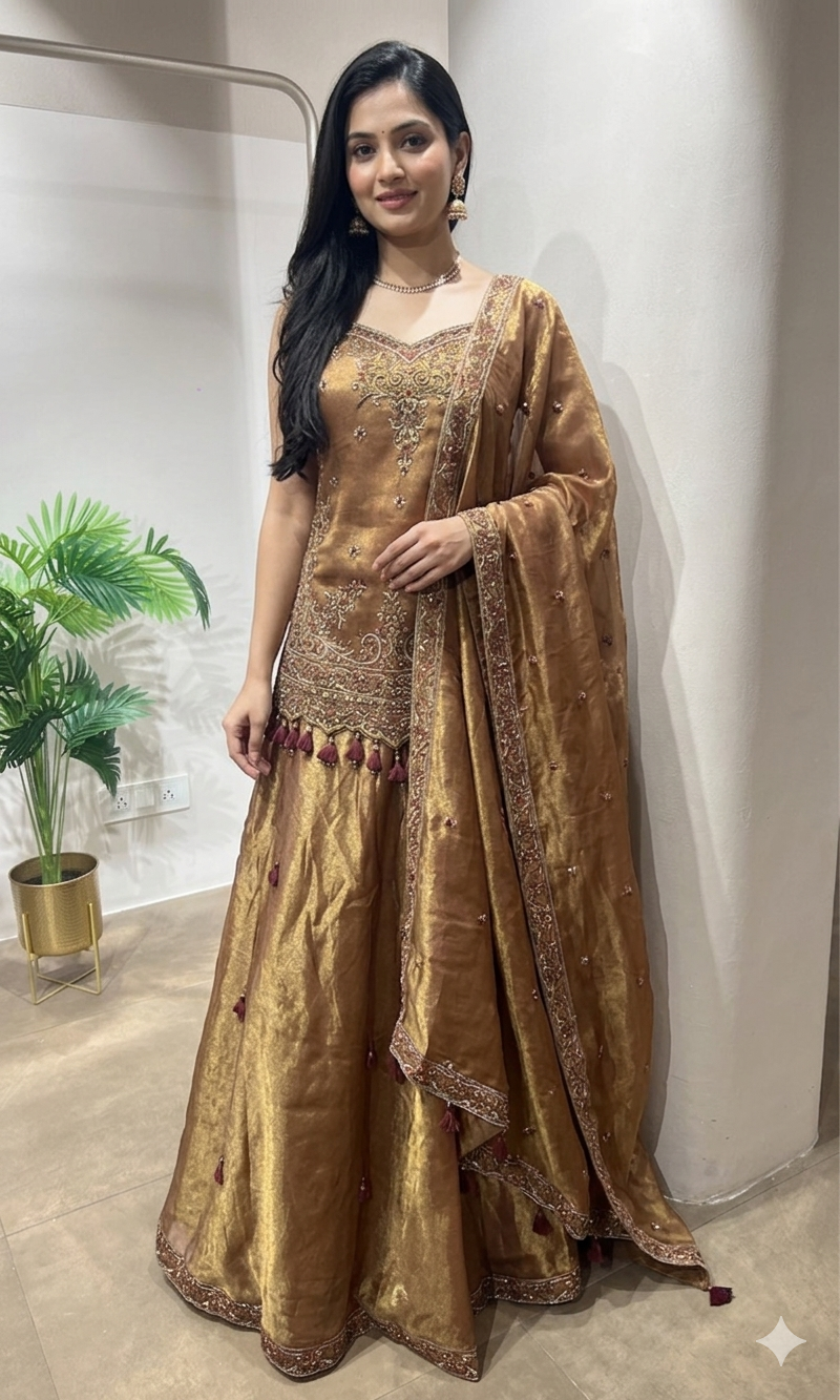 Brown Gold Shimmer Tissue palazzo set
