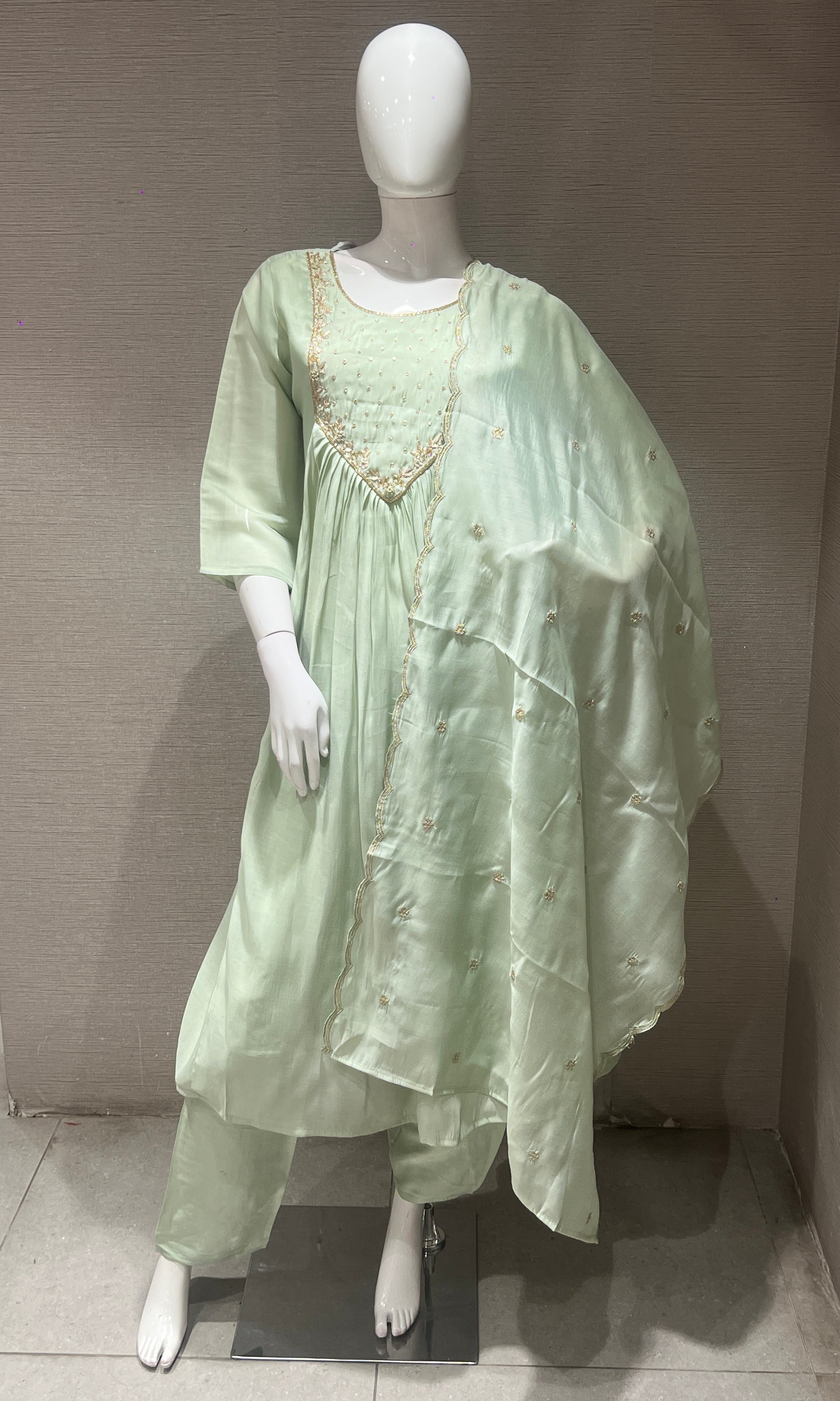 Pista green MUL CHANDERI kurta set