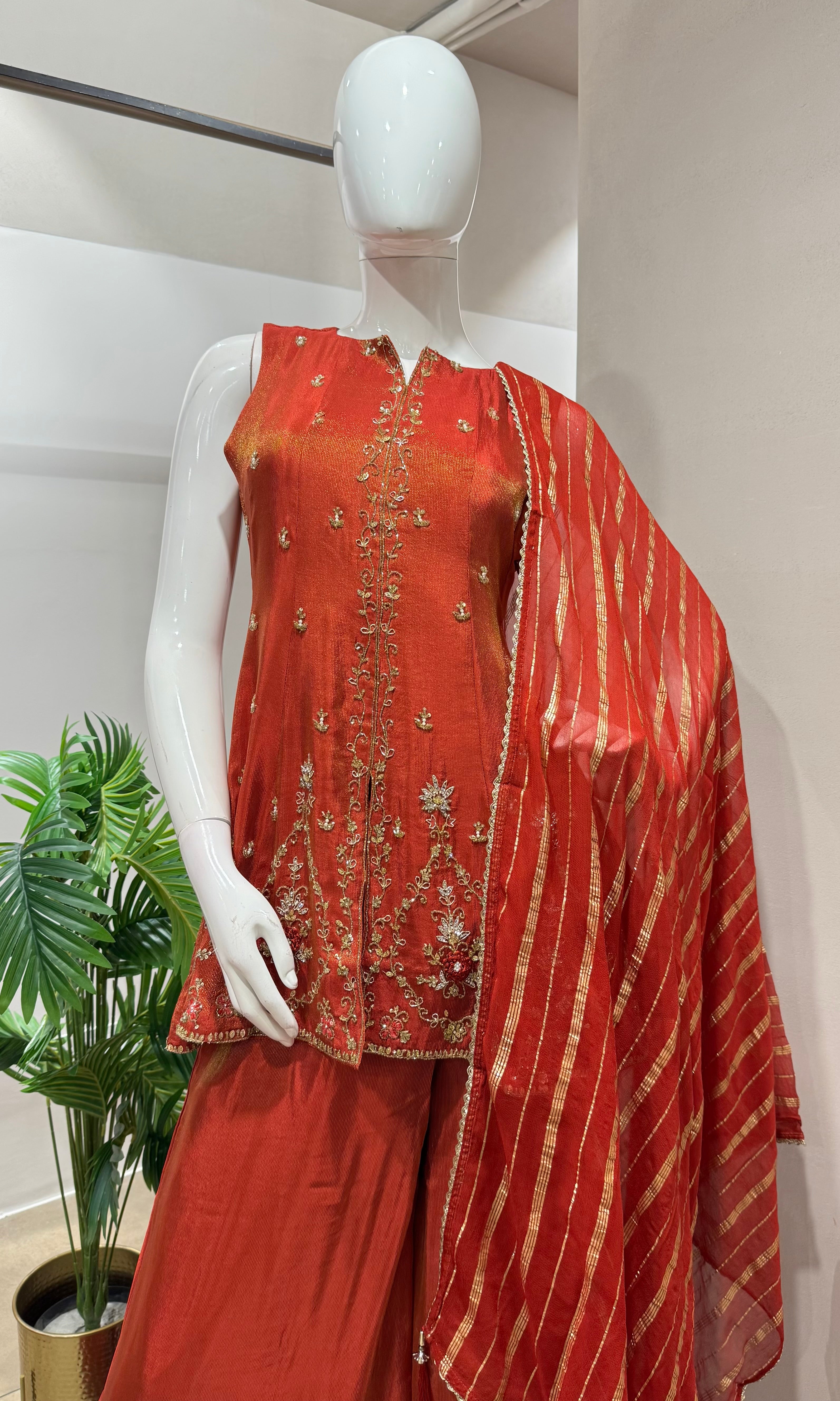 Rust golden anarkali with palazzo set