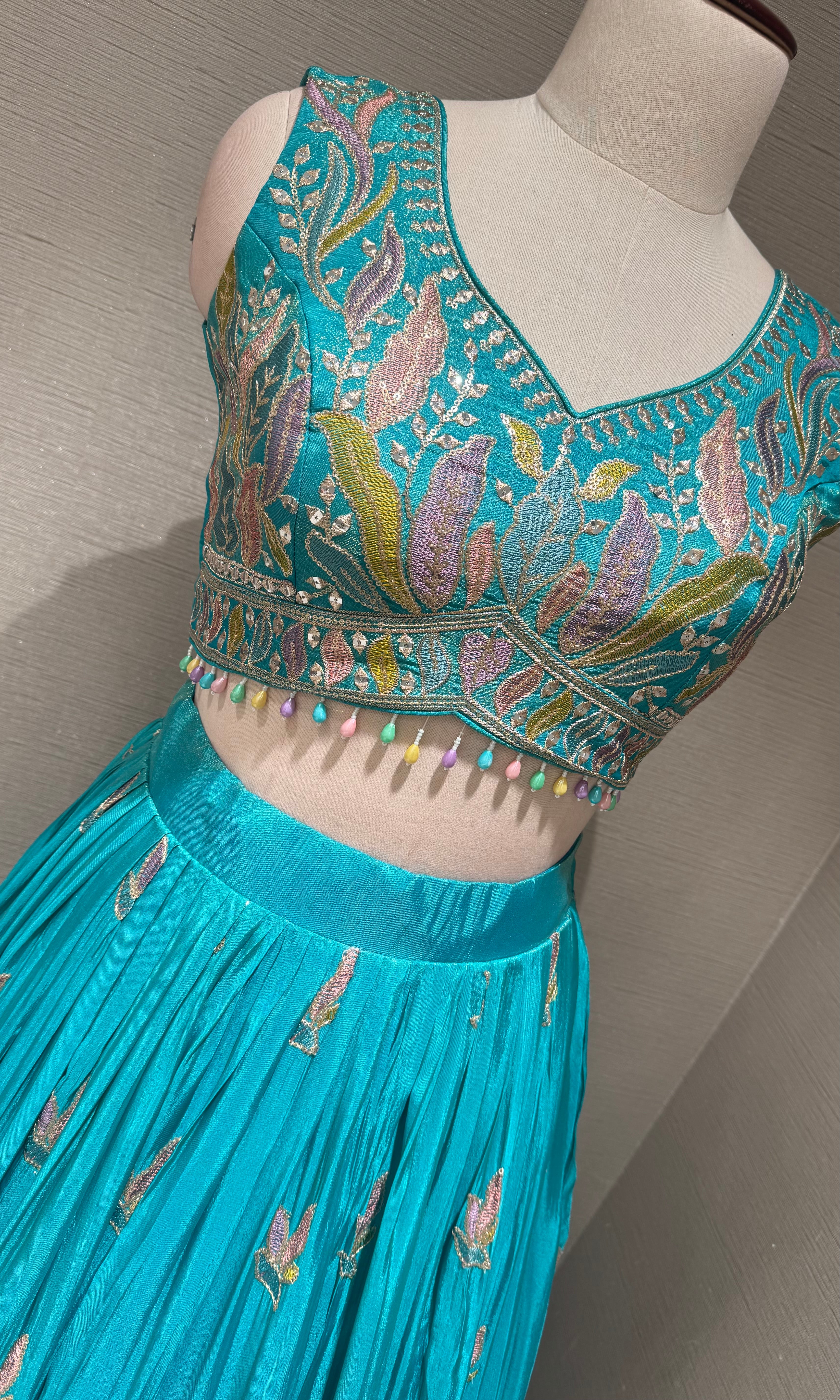 Sea Blue Tissue silk Floral Print Lehenga Set