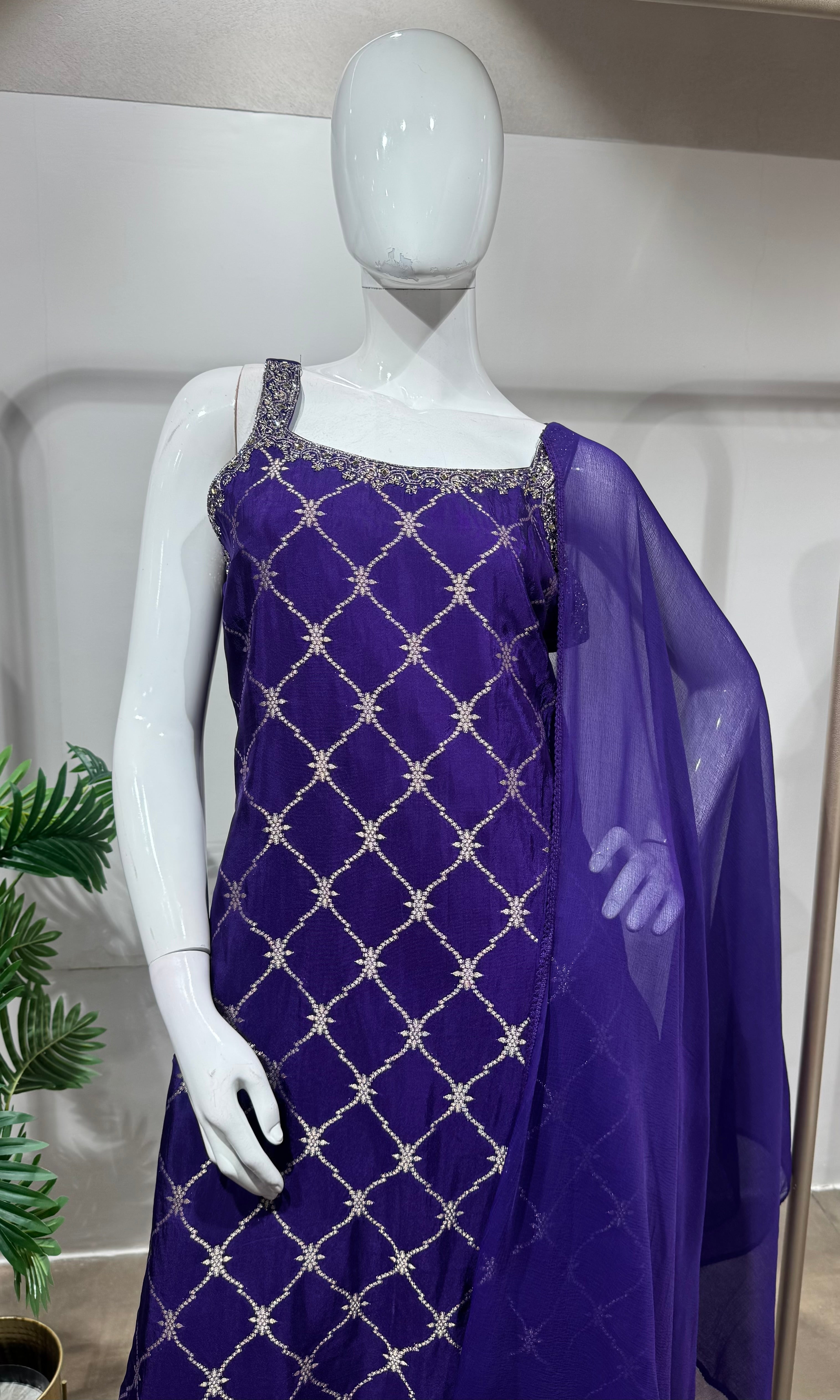 Purple silk straight kurta set