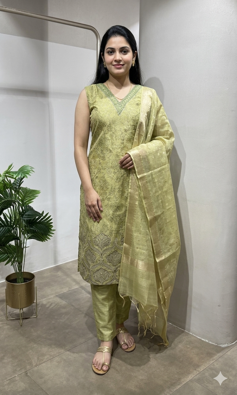 Light Green tissue printed Kurta Set