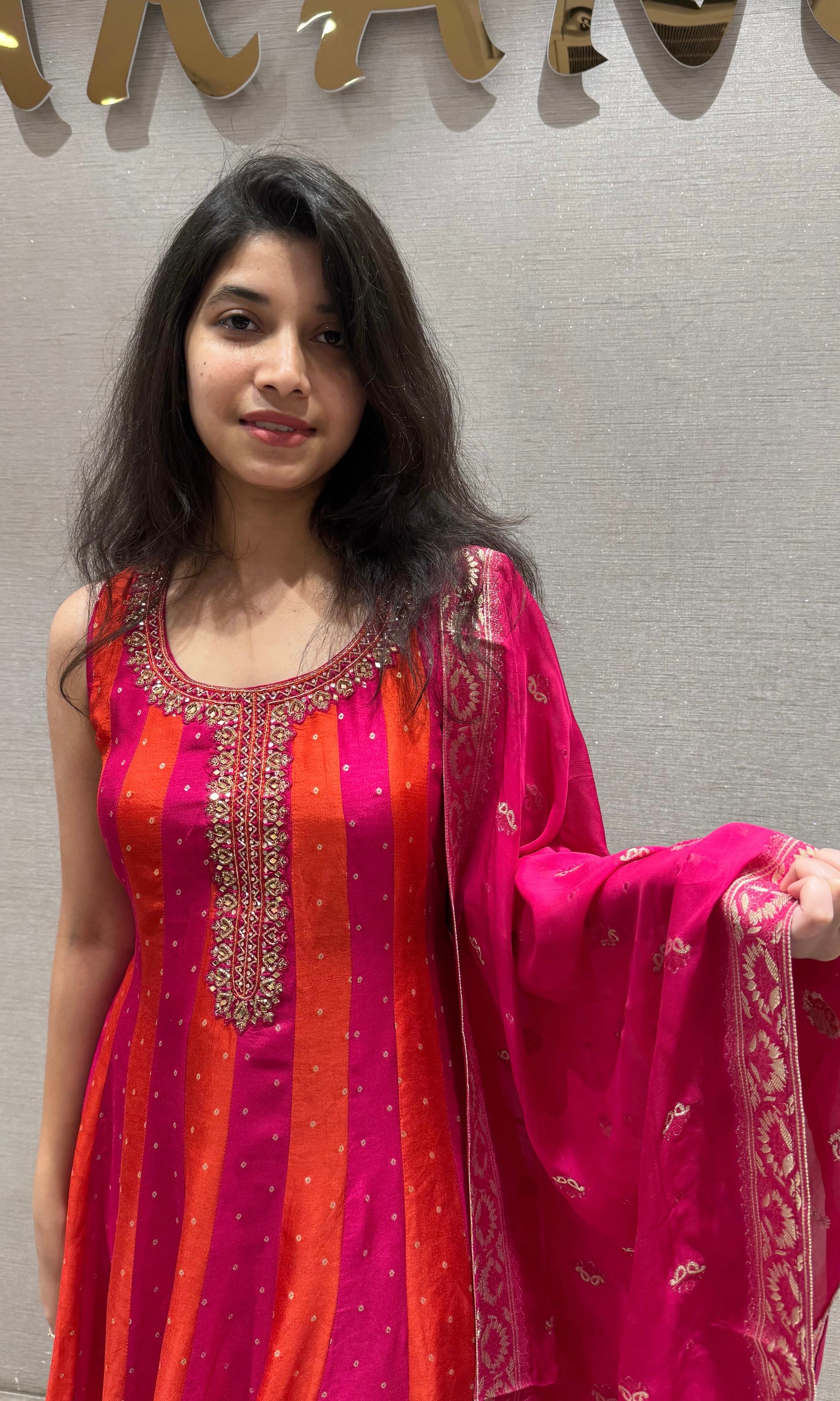 Rani Pink and Orange Stripe Anarkali