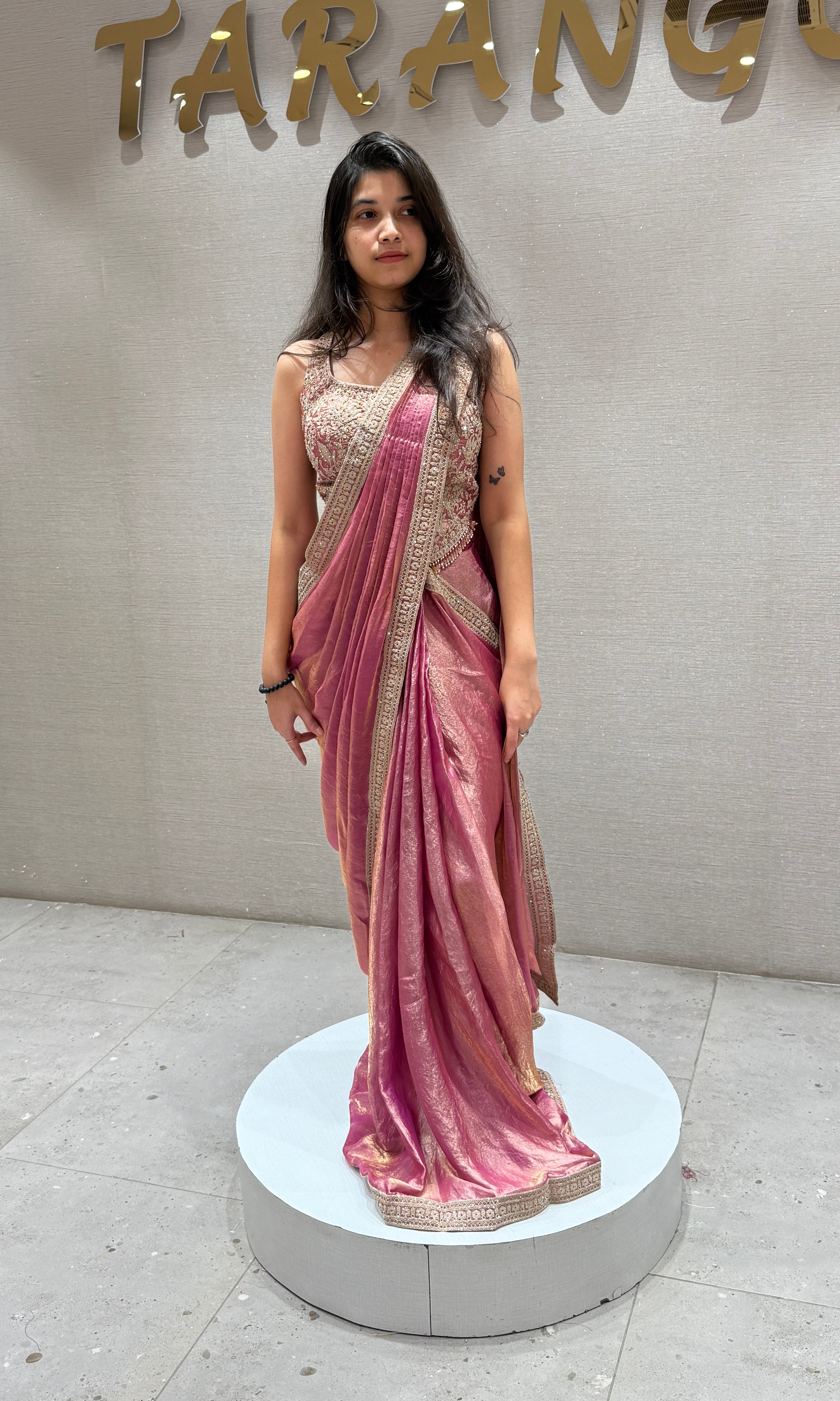 Light Blush Pink and Golden drape saree