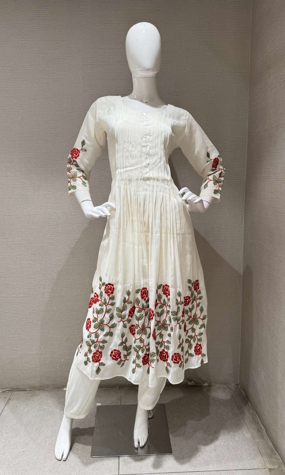 White Rose Floral Cotton Kurta set with Dupatta