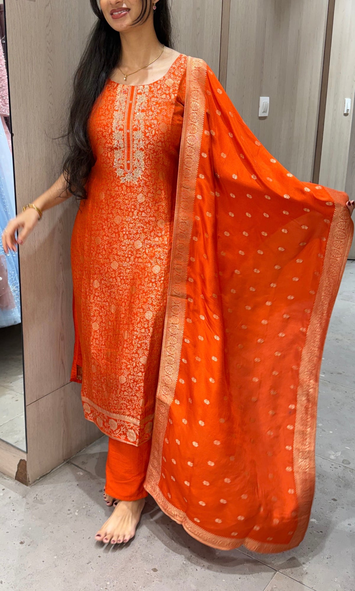 Radiant Orange Banarasi Brocade Kurta set with dupatta