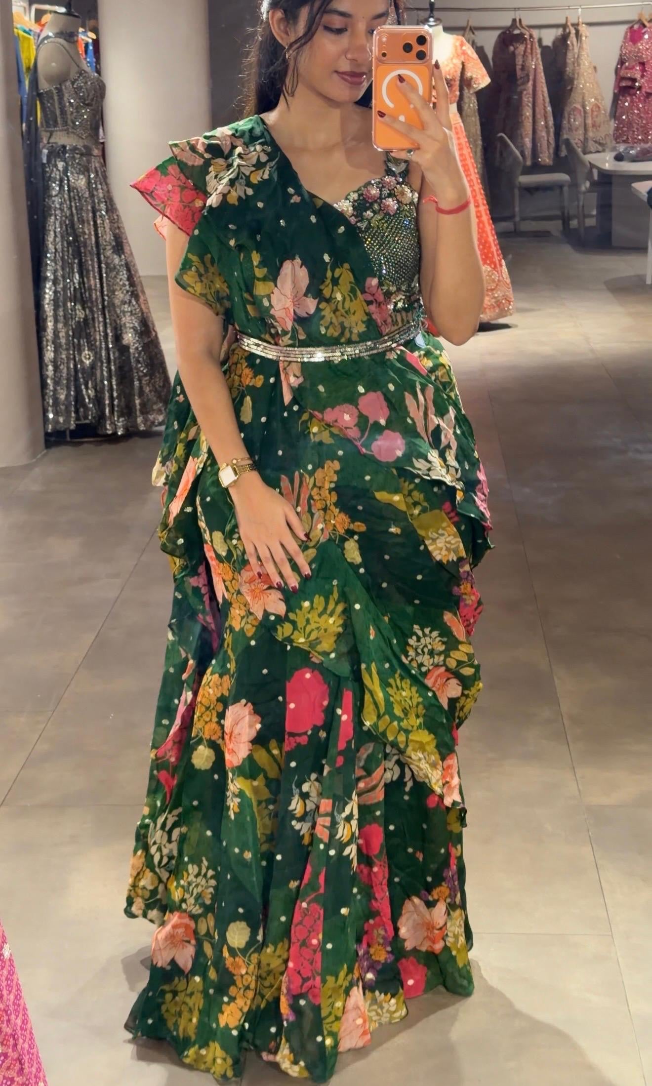 Green MULTI FLORAL drape saree