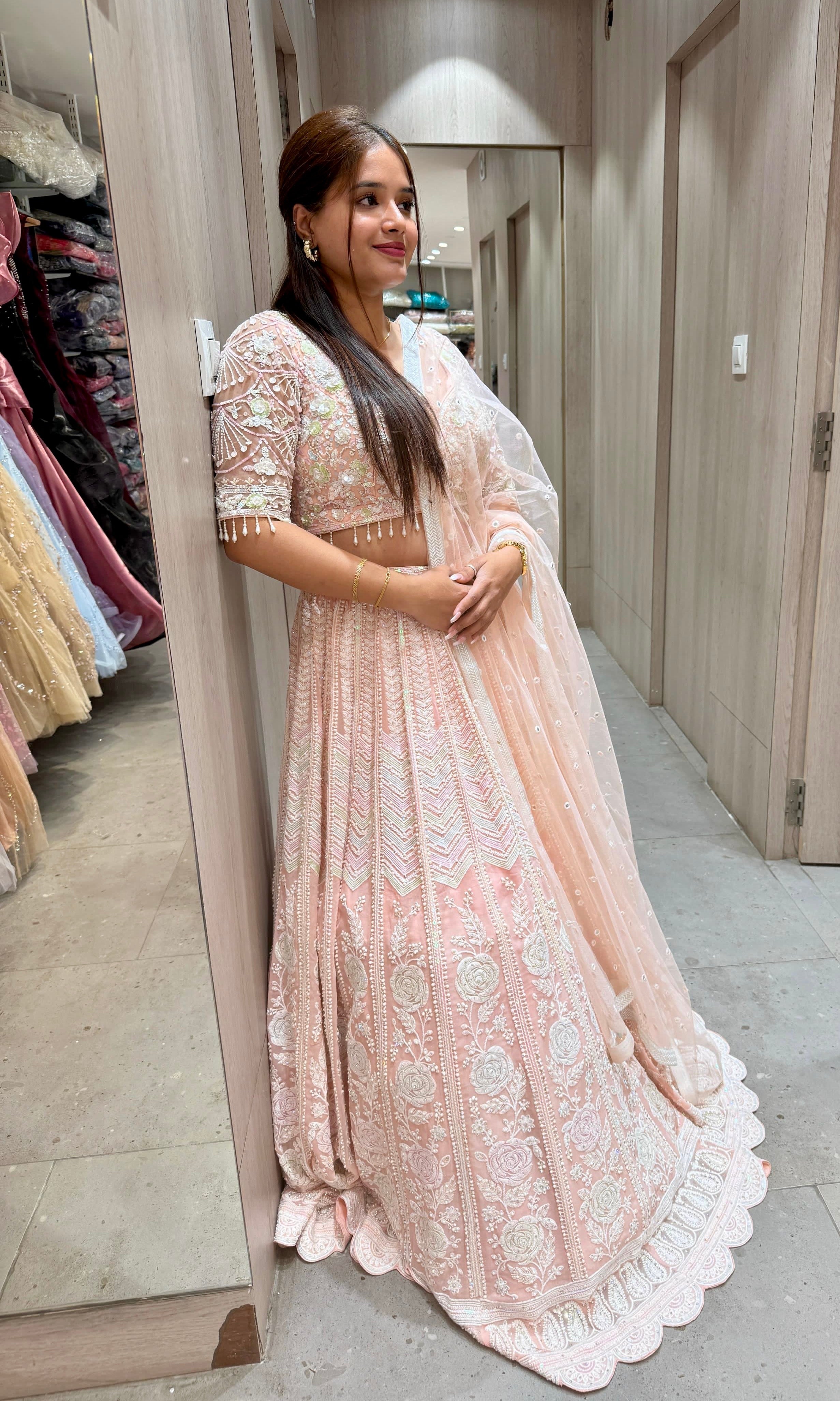 Peach and White Roses Pearl Georgette Lehenga