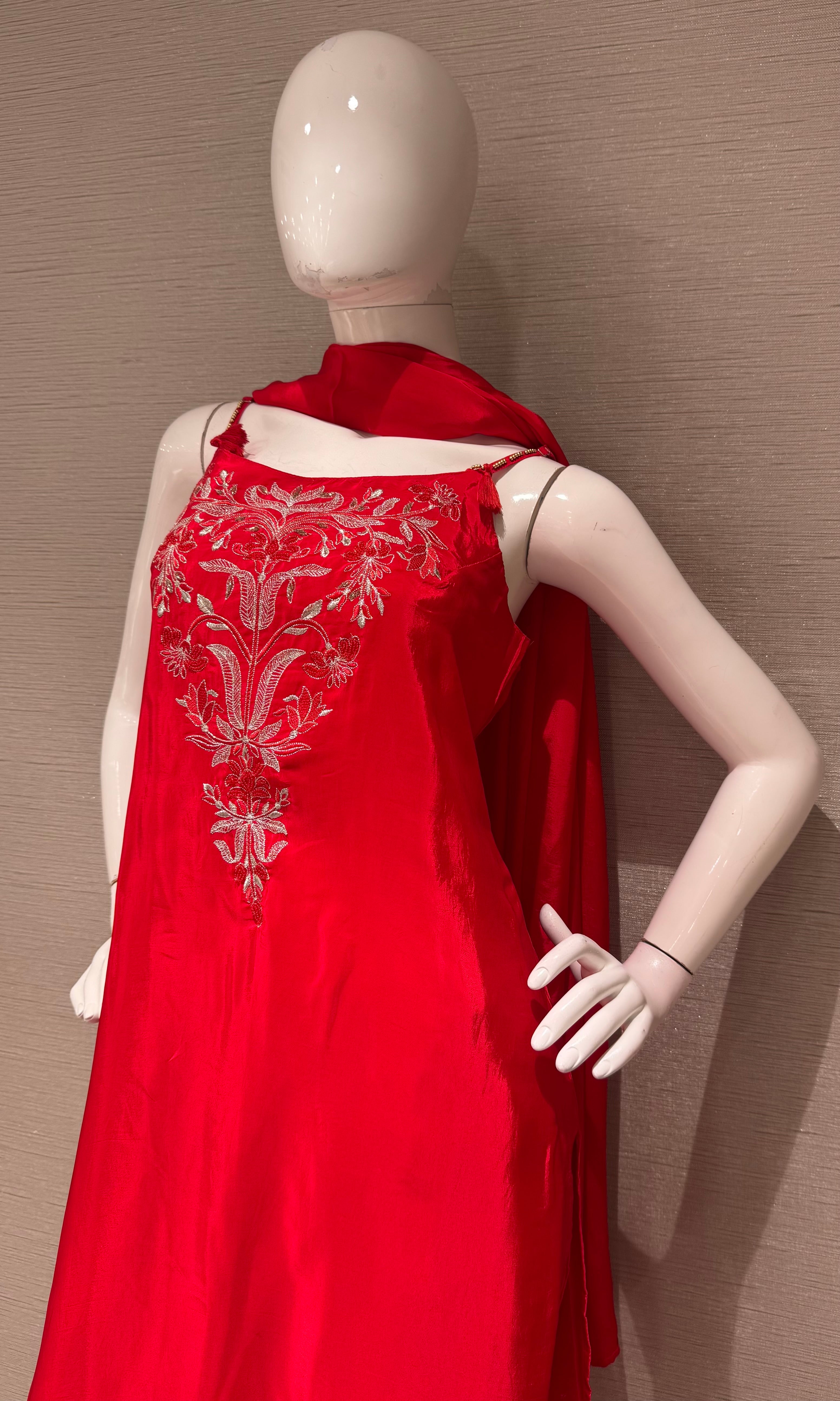 Ruby Red Floret Embroidered Kurta set