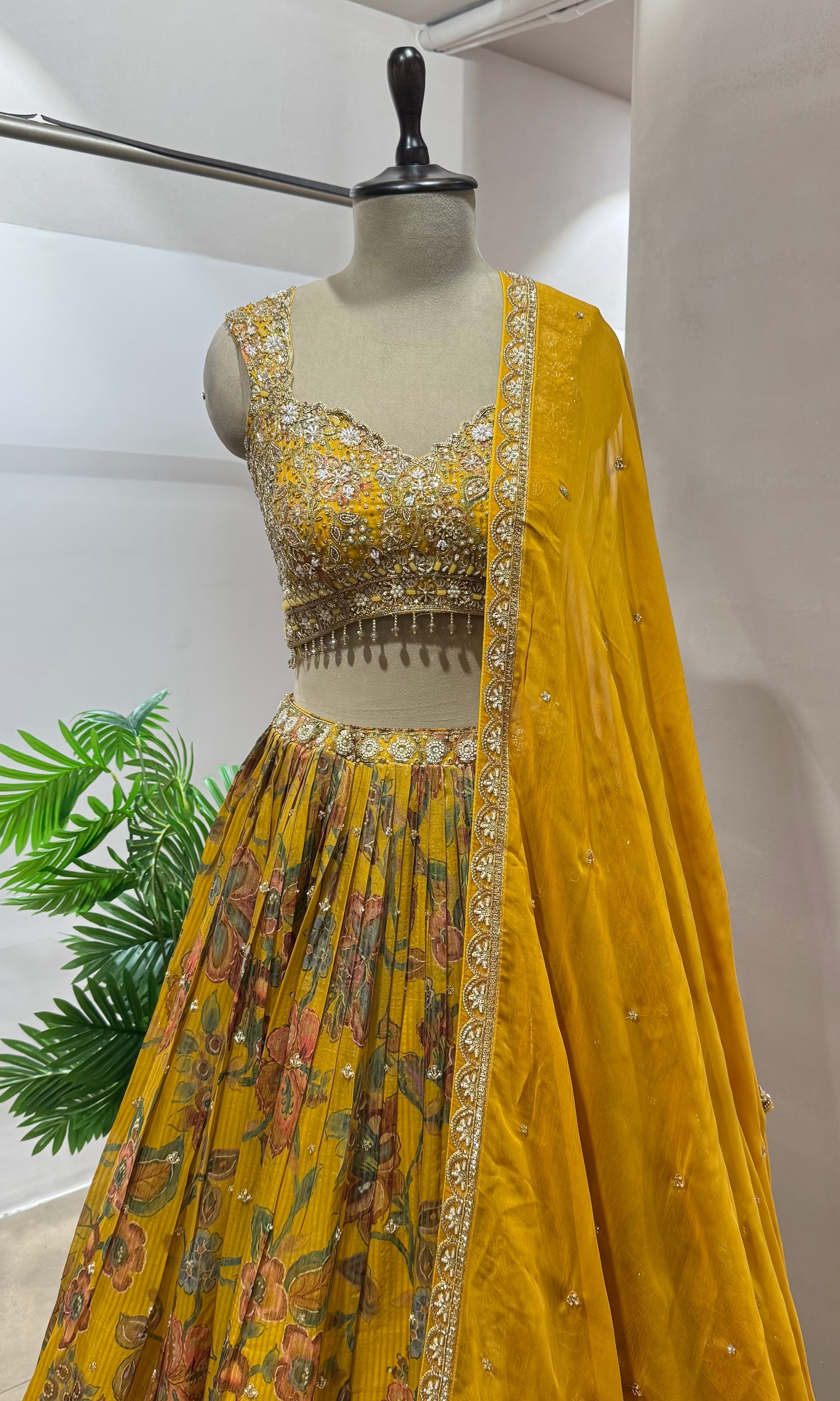 Mustard floral embroidery Lehenga