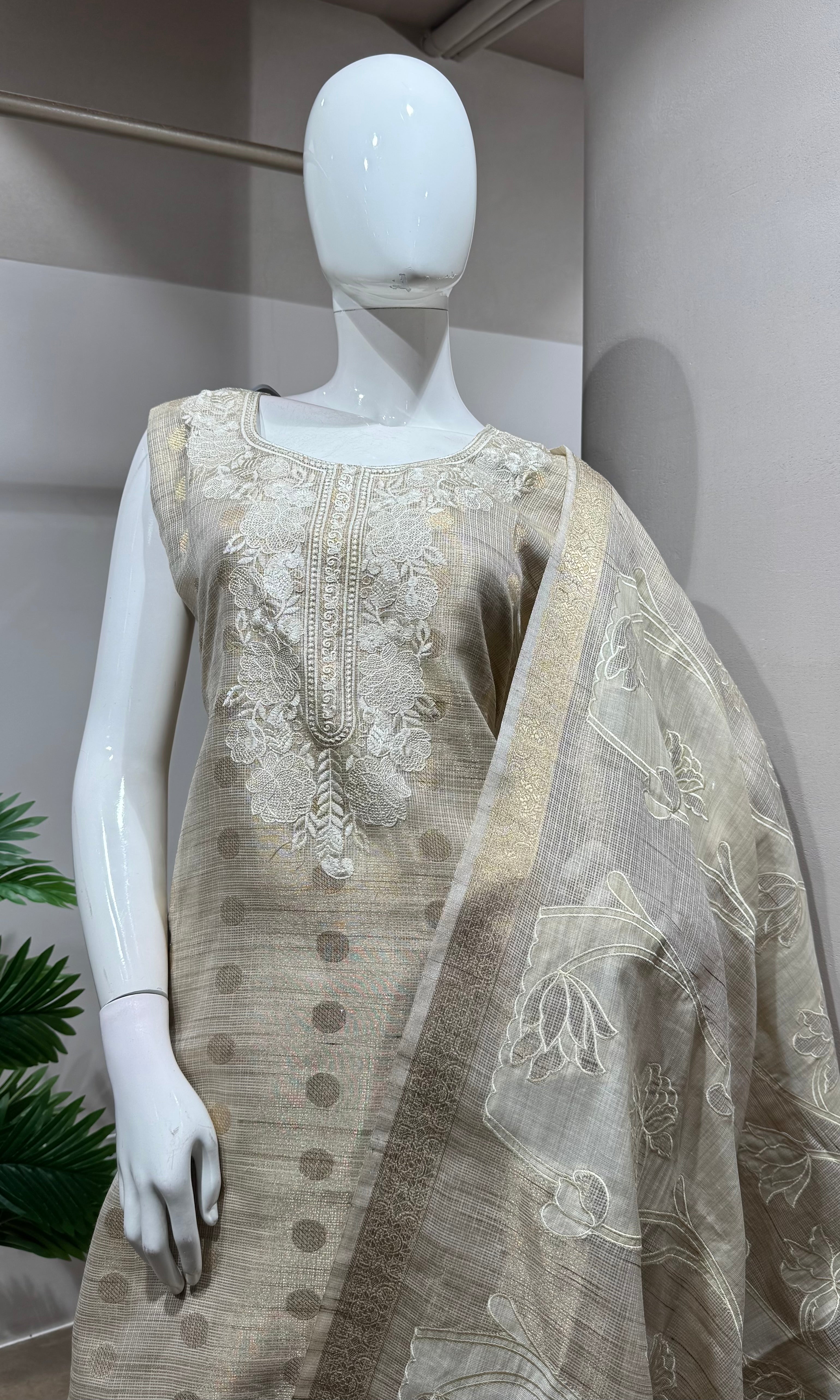 Fawn Banarasi Silk Embroidery Kurta Set