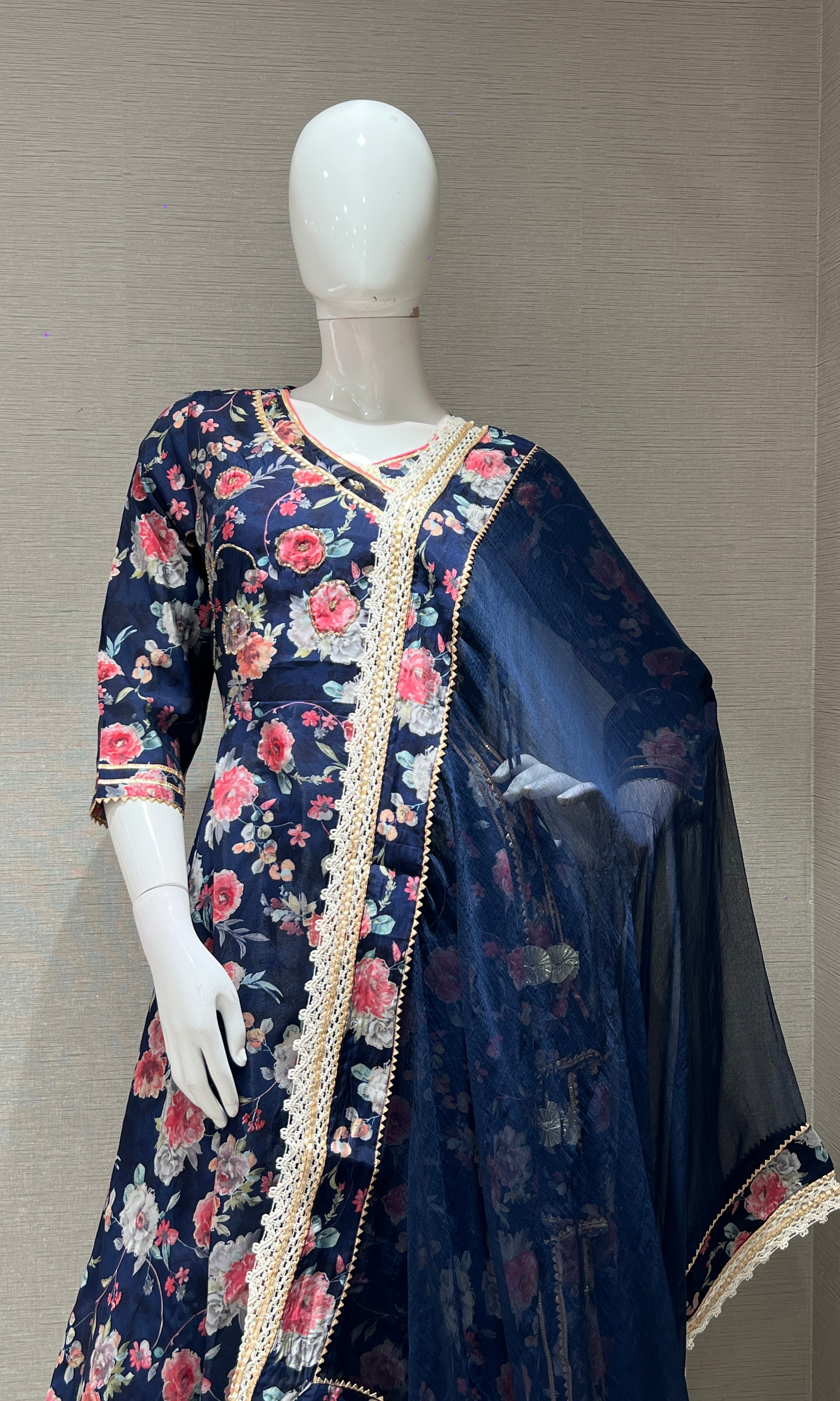 Navy Blue A LINE FLORAL KURTA SET