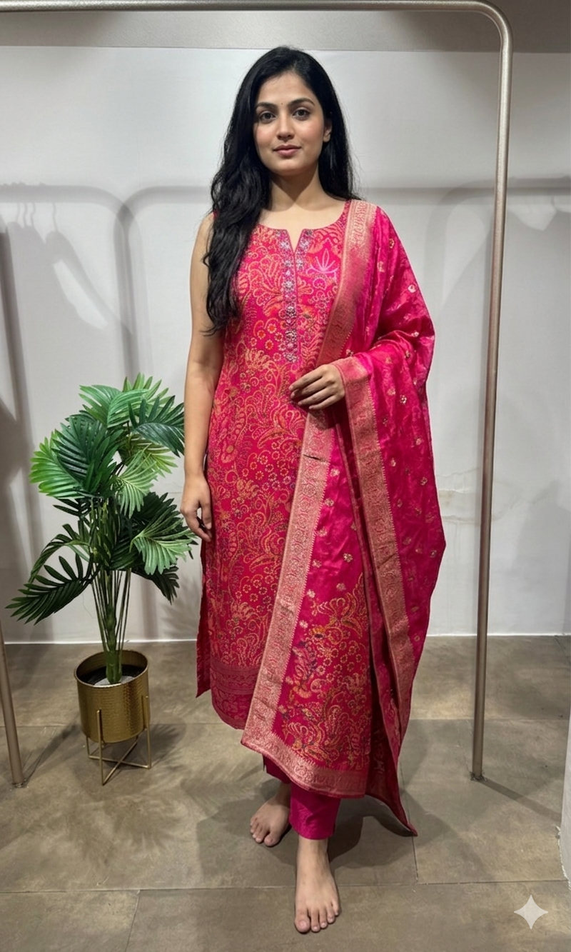 rani pink and gold ethnic kurta set