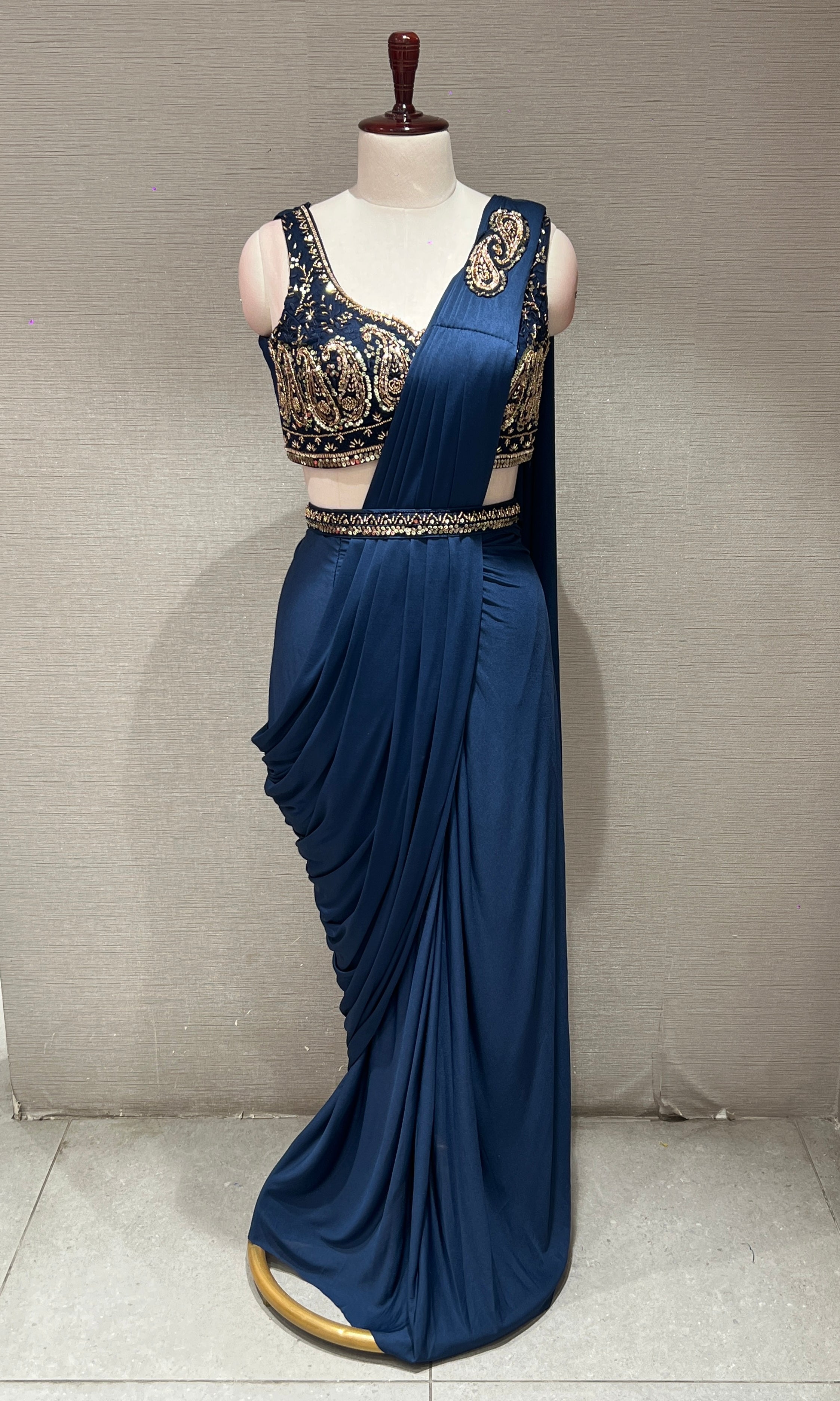 NAVY BLUE Drape Saree WITH BLOUSE & BELT