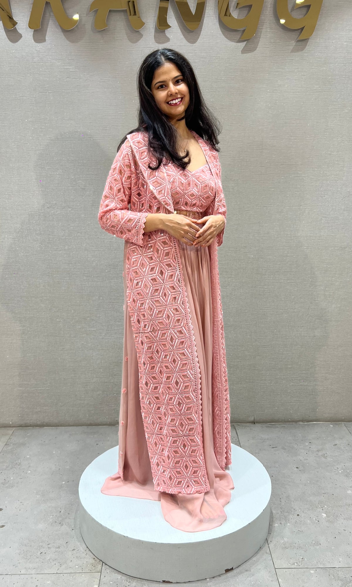 Onion Pink silk Embroidered Maxi Skirt with Cape Set
