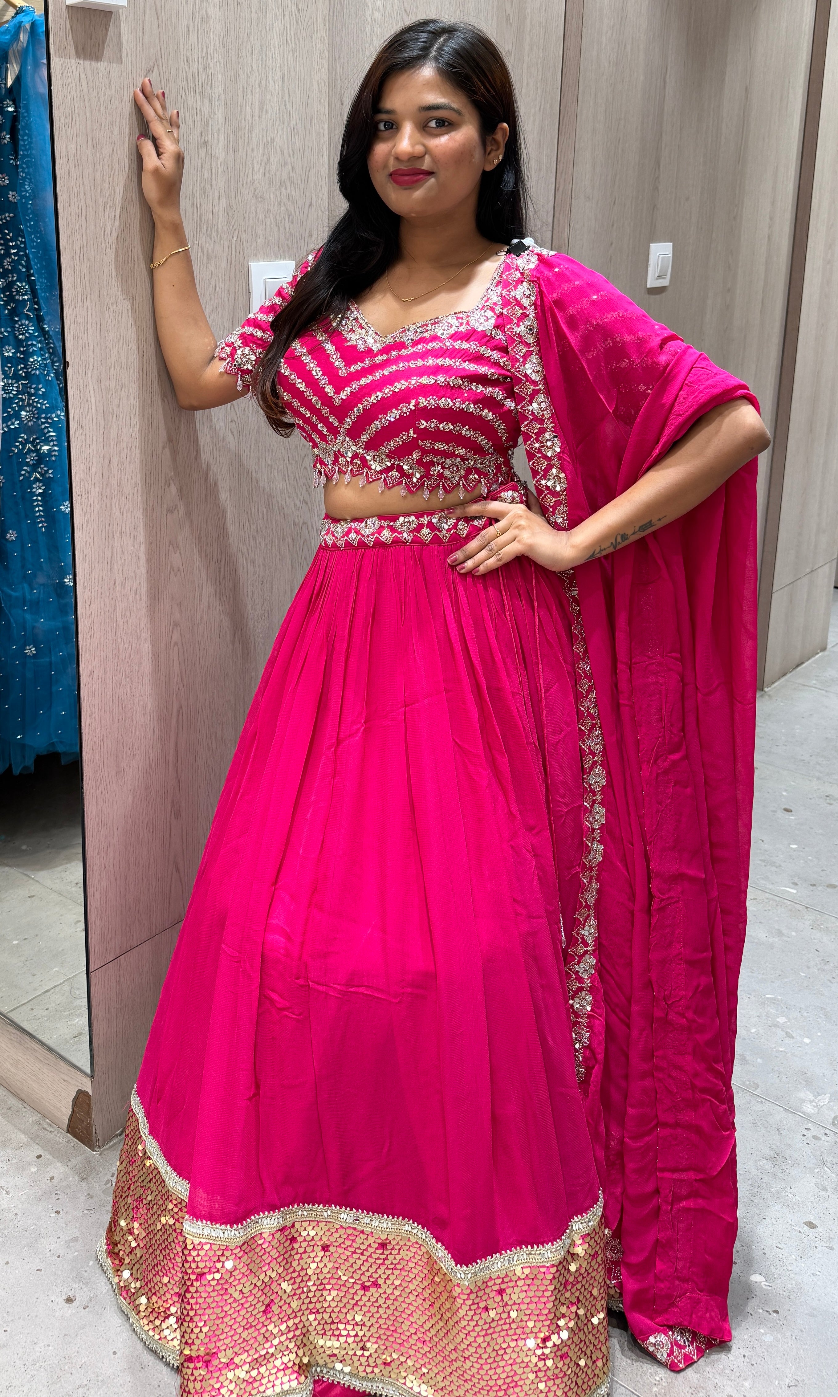 Pink georgette lehenga with gold embroidery