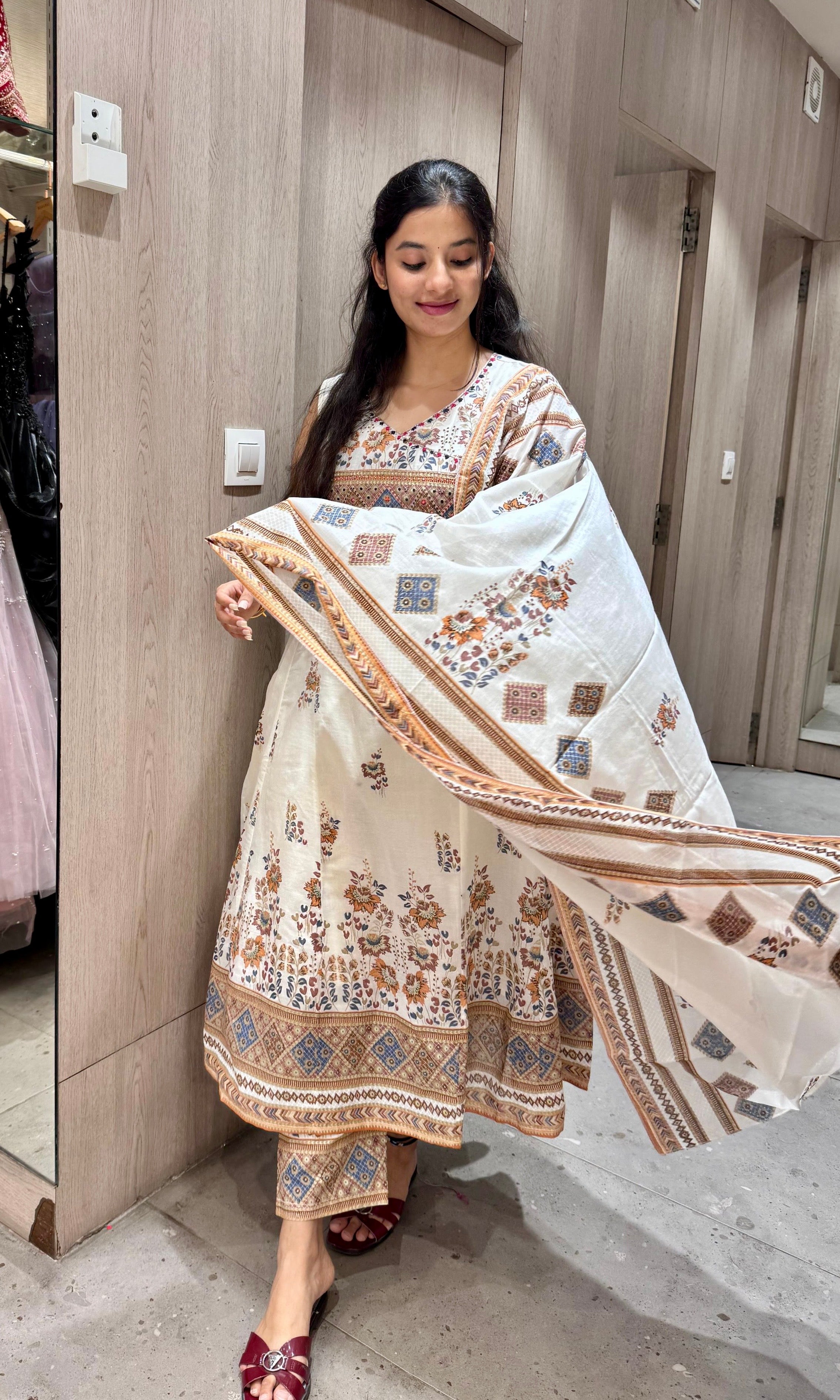 Off-White Block Print Cotton Anarkali with Pant & Dupatta (k222)