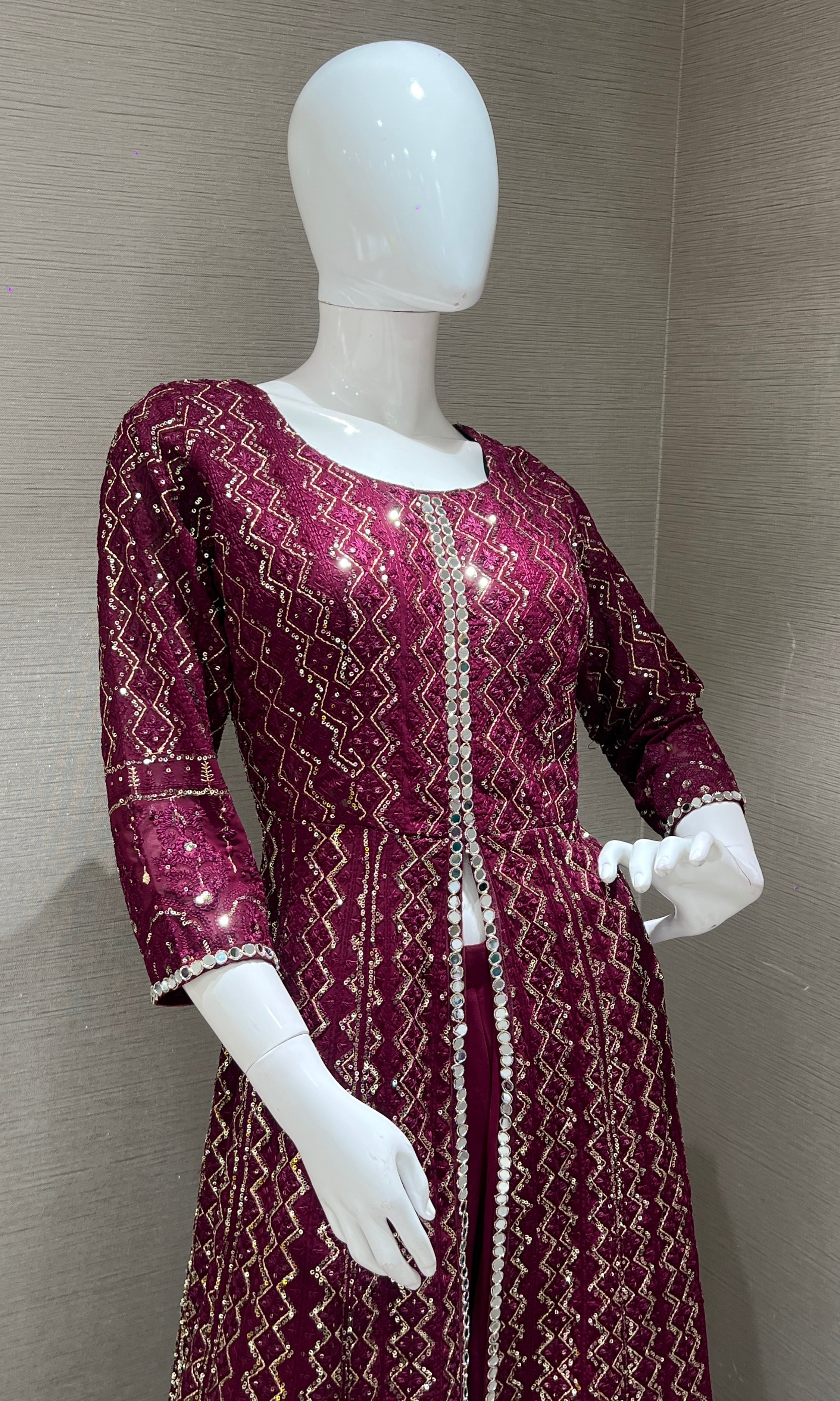 Wine front slit Anarkali with palazzo pants