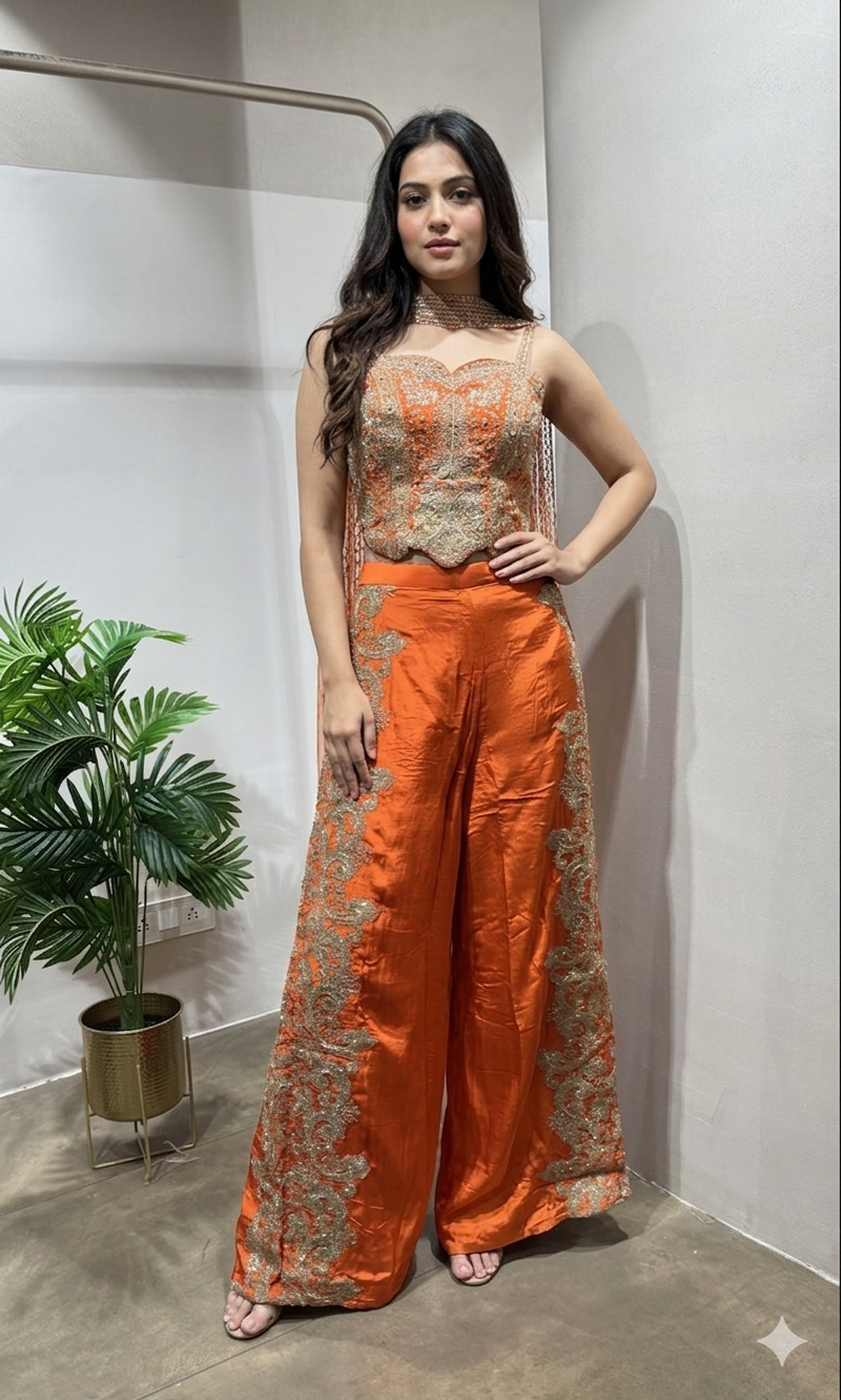 Orange embroidered Indo-Western palazzo set