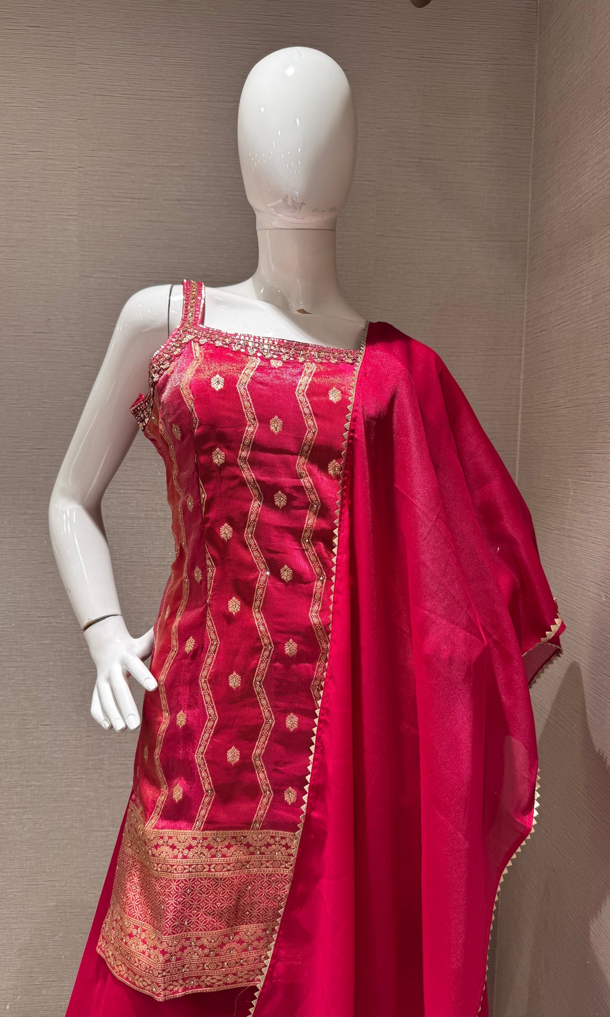 Rani Golden Georgette Flared Sharara set with Dupatta