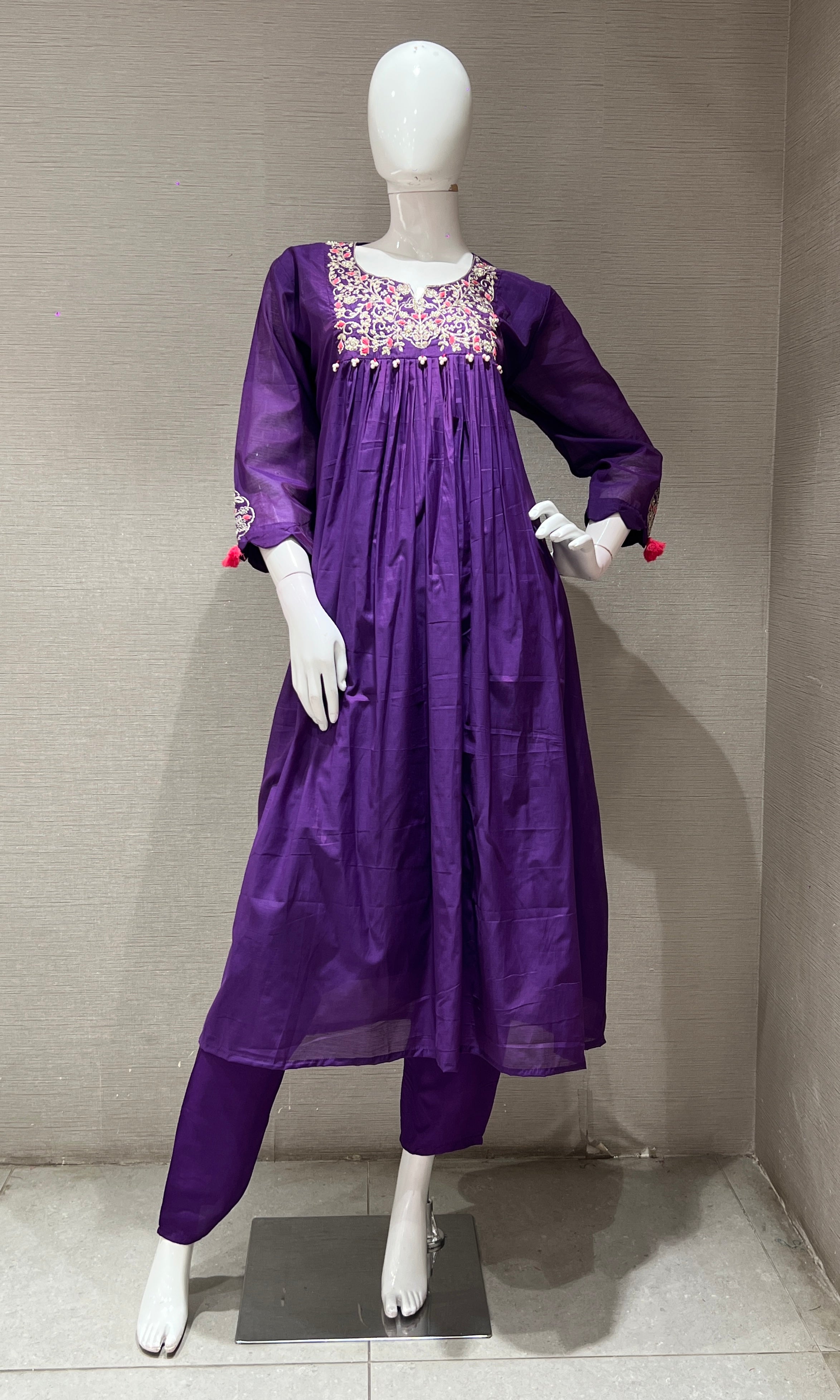 PURPLE EMBROIDERED A LINE KURTA SET
