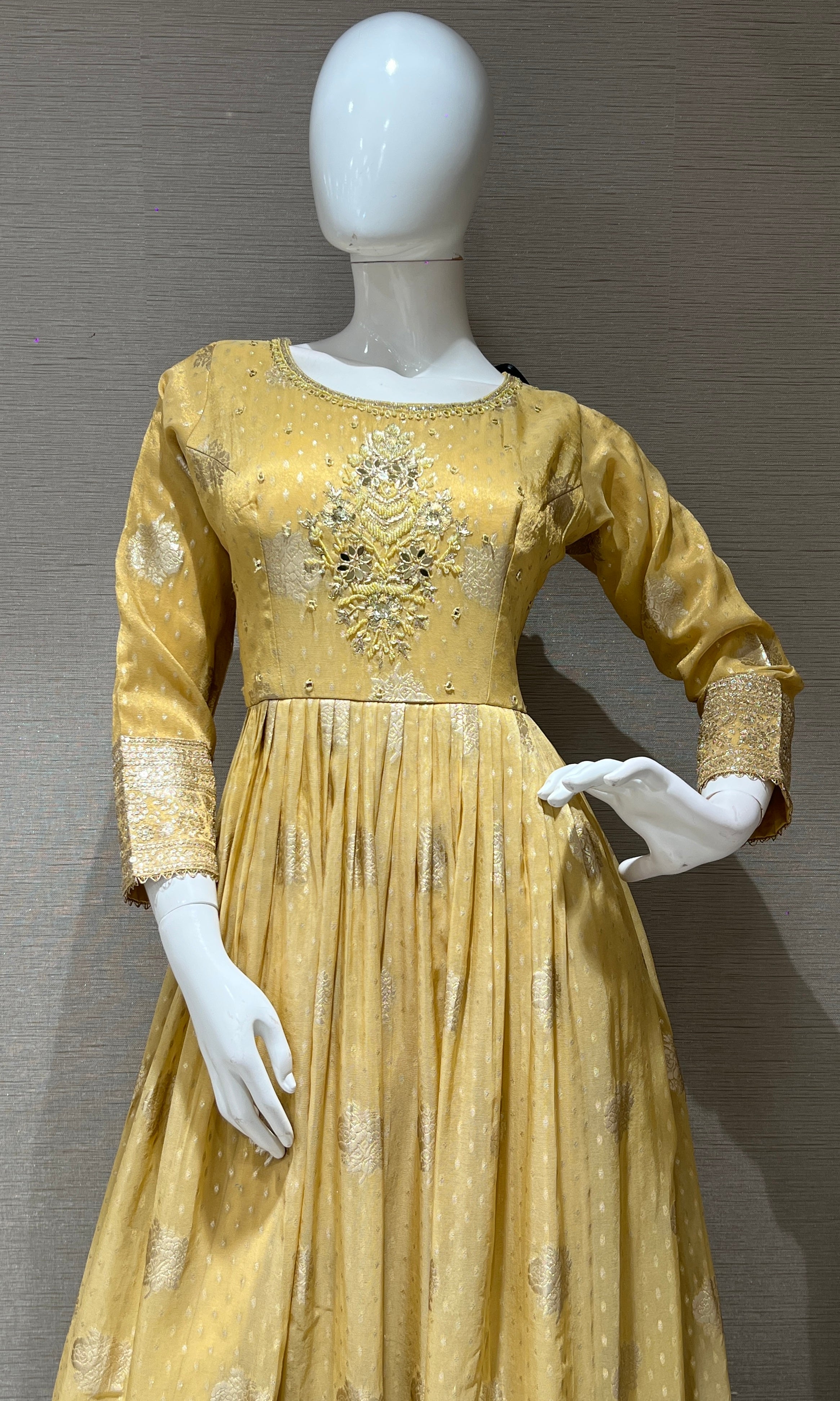 Light Yellow long Gold Embroidered Anarkali