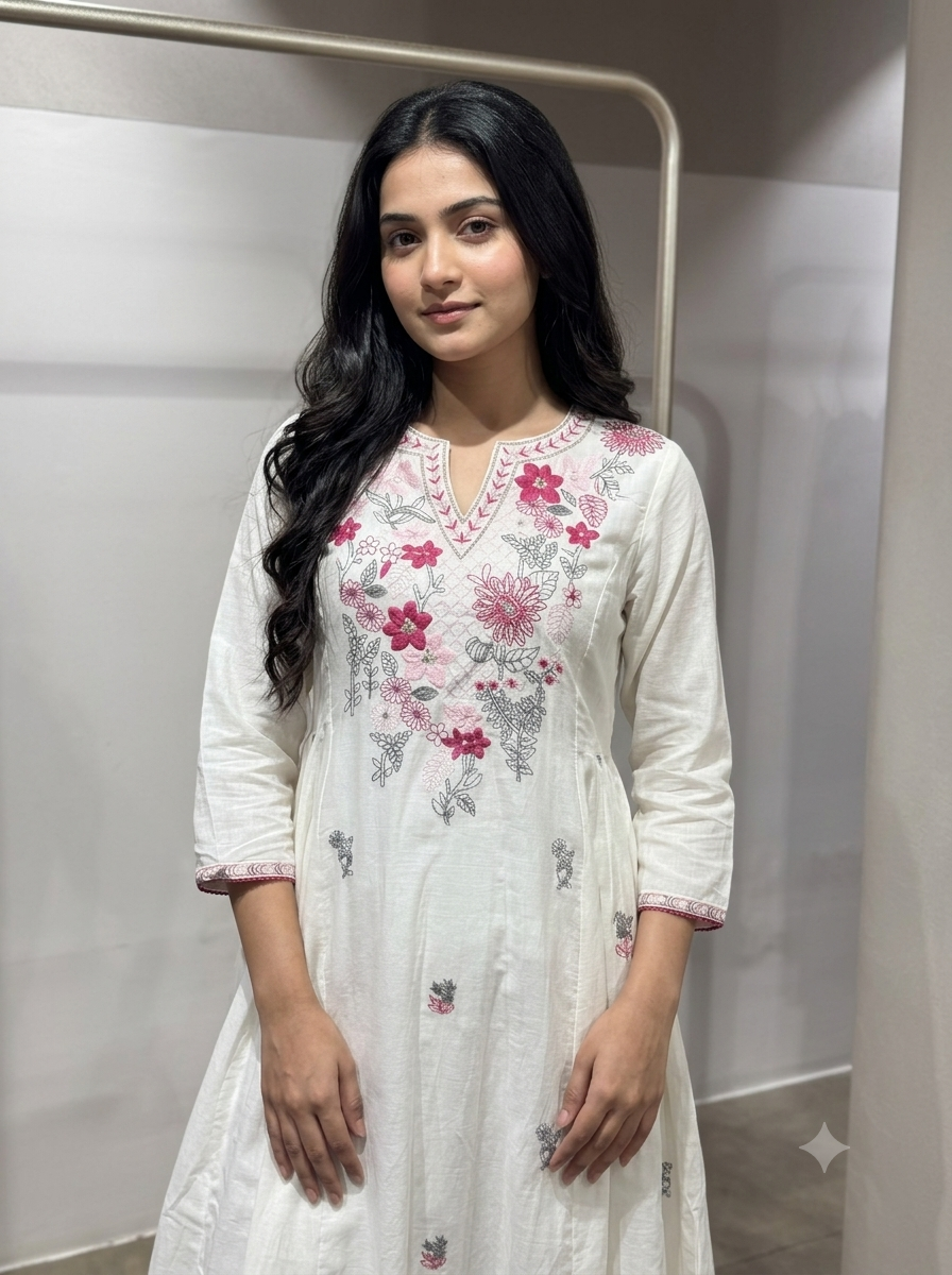 White Floral Thread Embroidered kurta set
