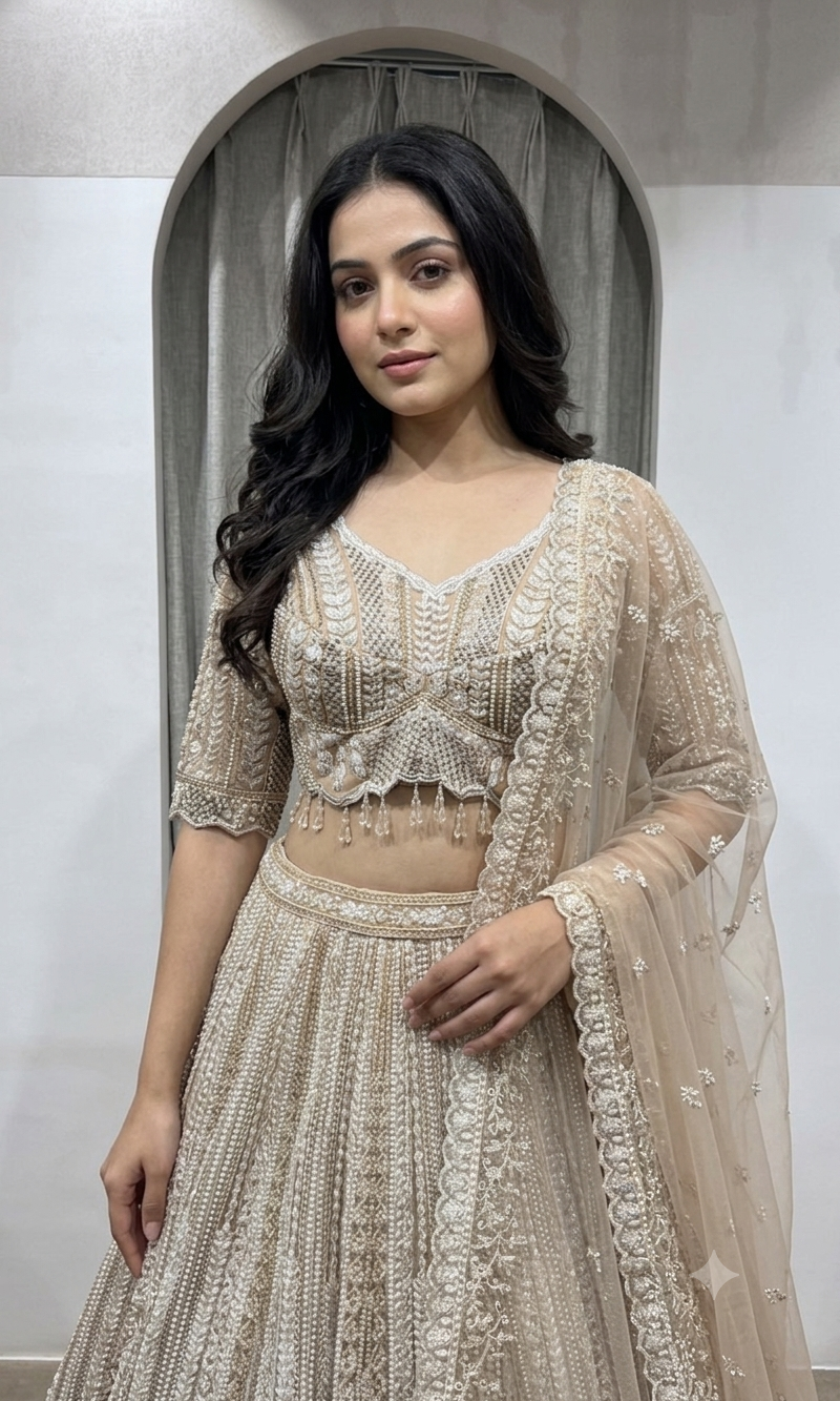 Biege Gold Heavy Embroidered Designer Lehenga Set