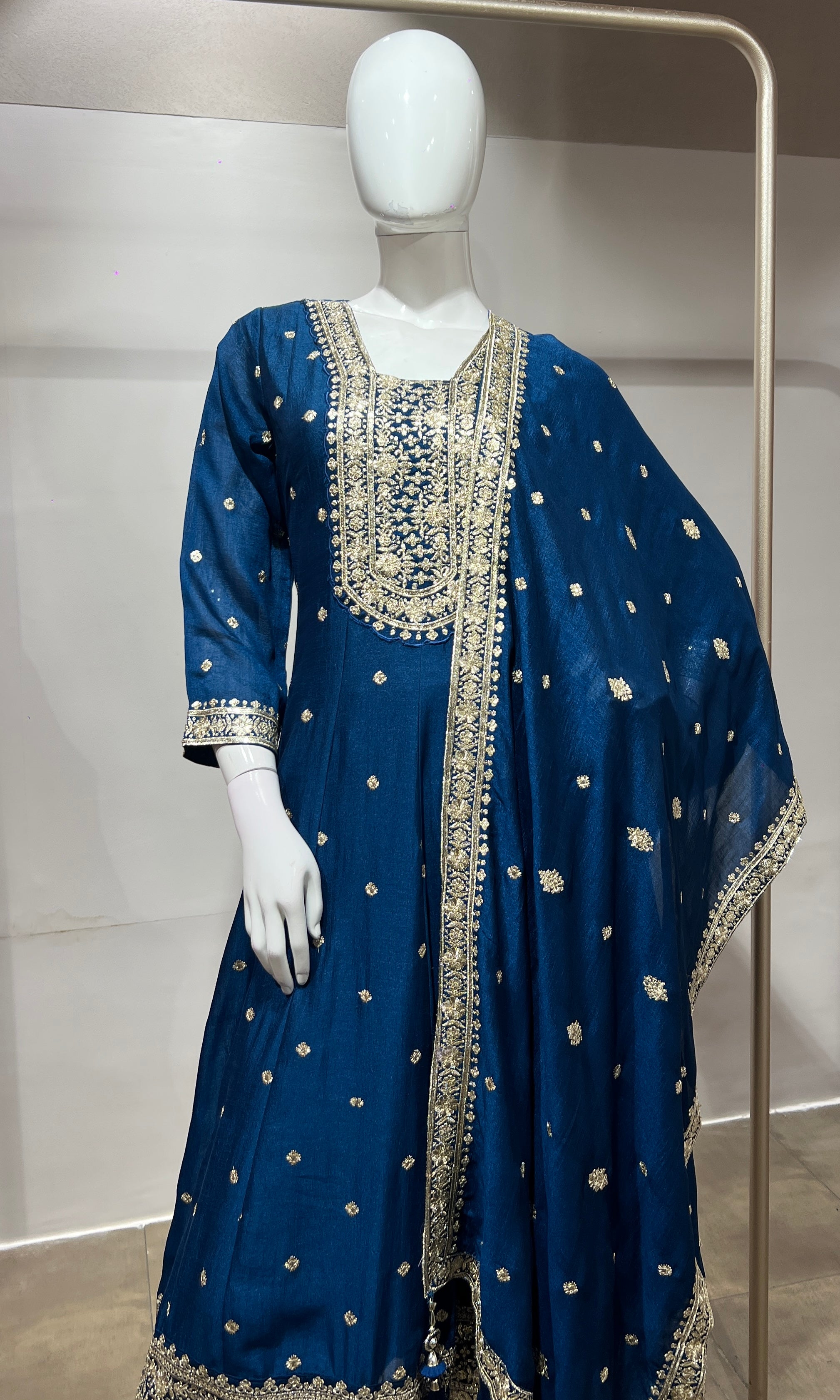 Blue gold embroidered Anarkali set