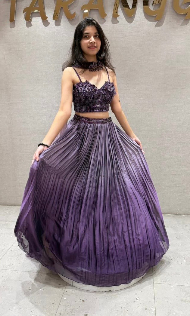 Purple Plum Embellished Blouse Pleated Lehenga