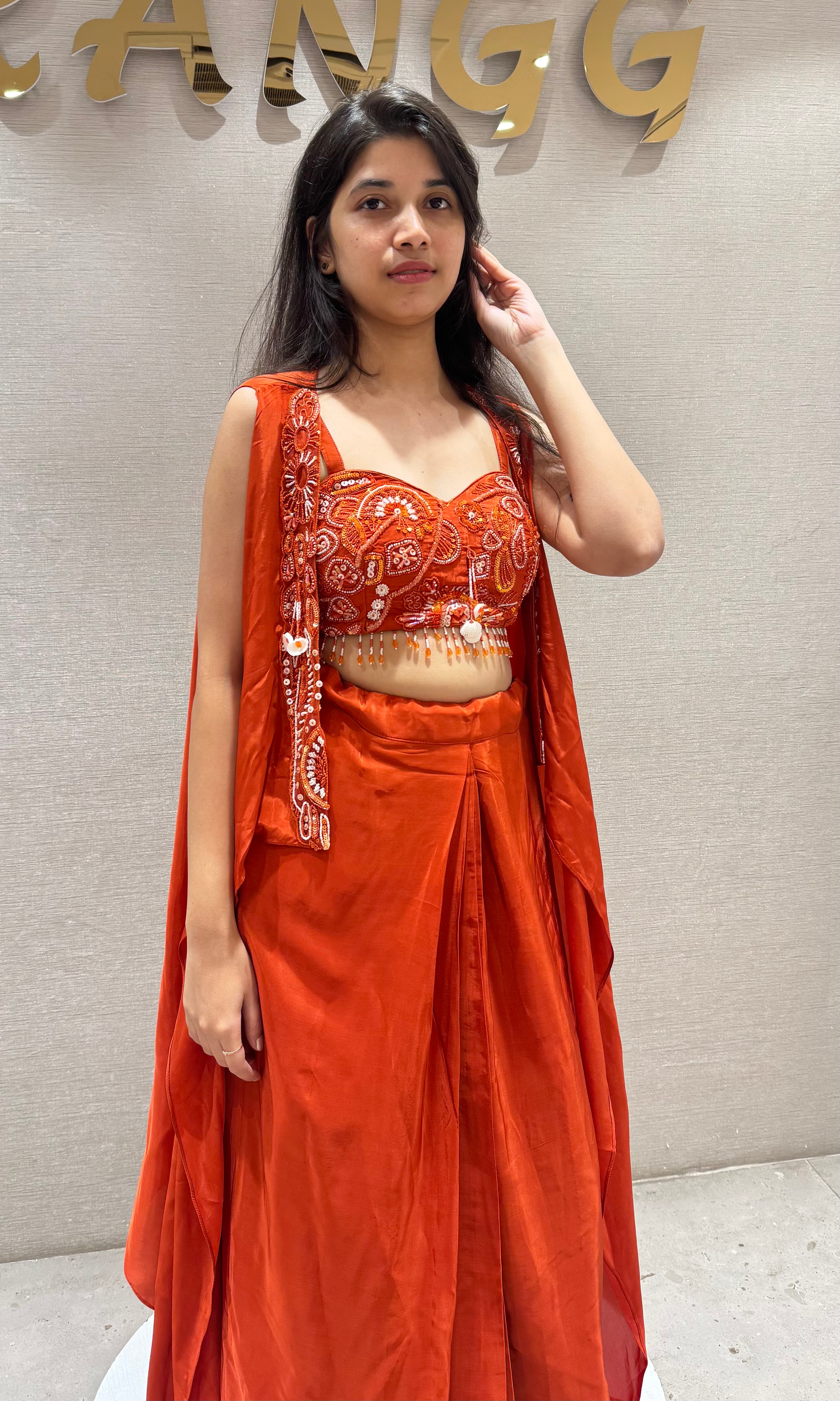ORANGE SKIRT WITH CORSET BLOUSE AND CAPE
