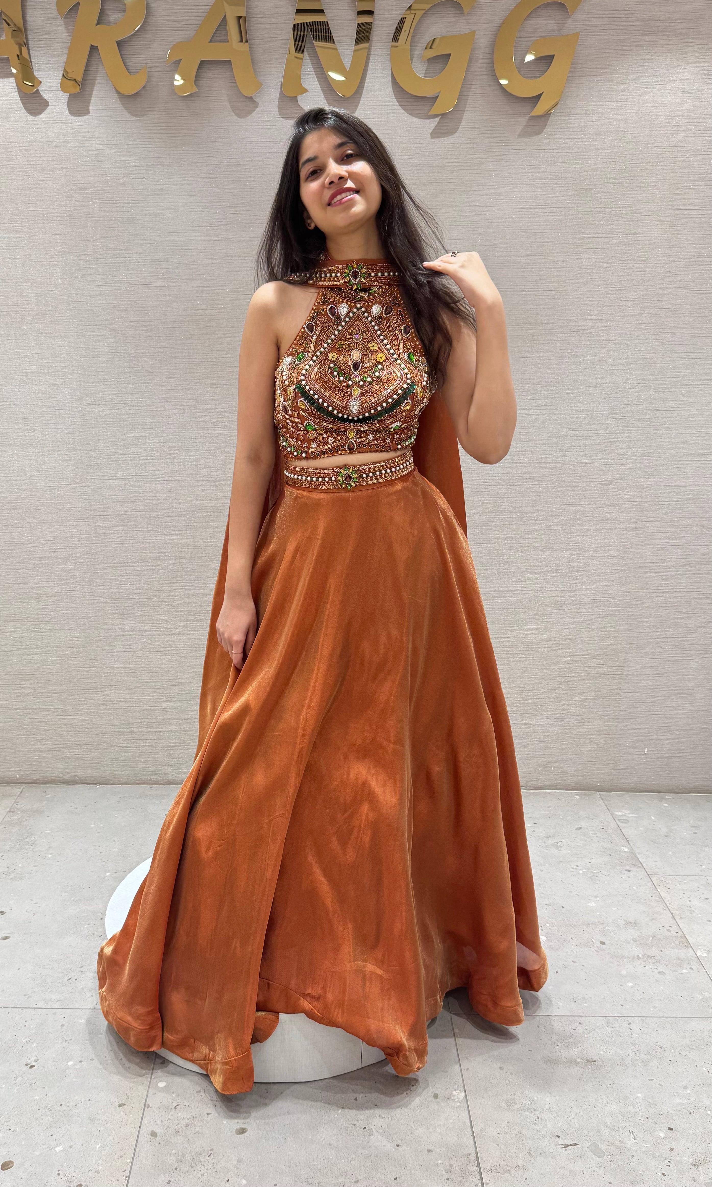 Rust Lehenga WITH HALTER NECK ELEGANT BLOUSE