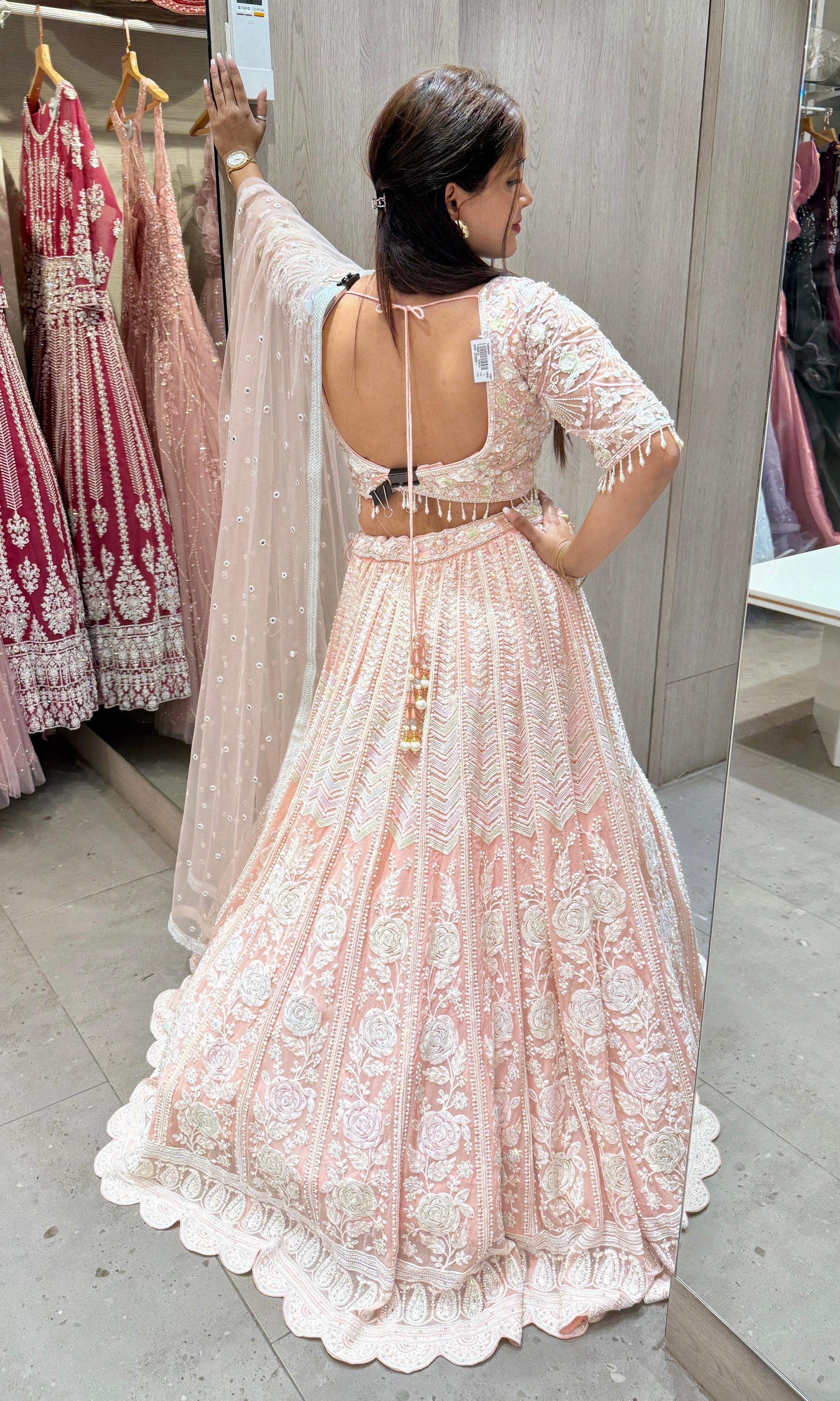 Peach and White Roses Pearl Georgette Lehenga