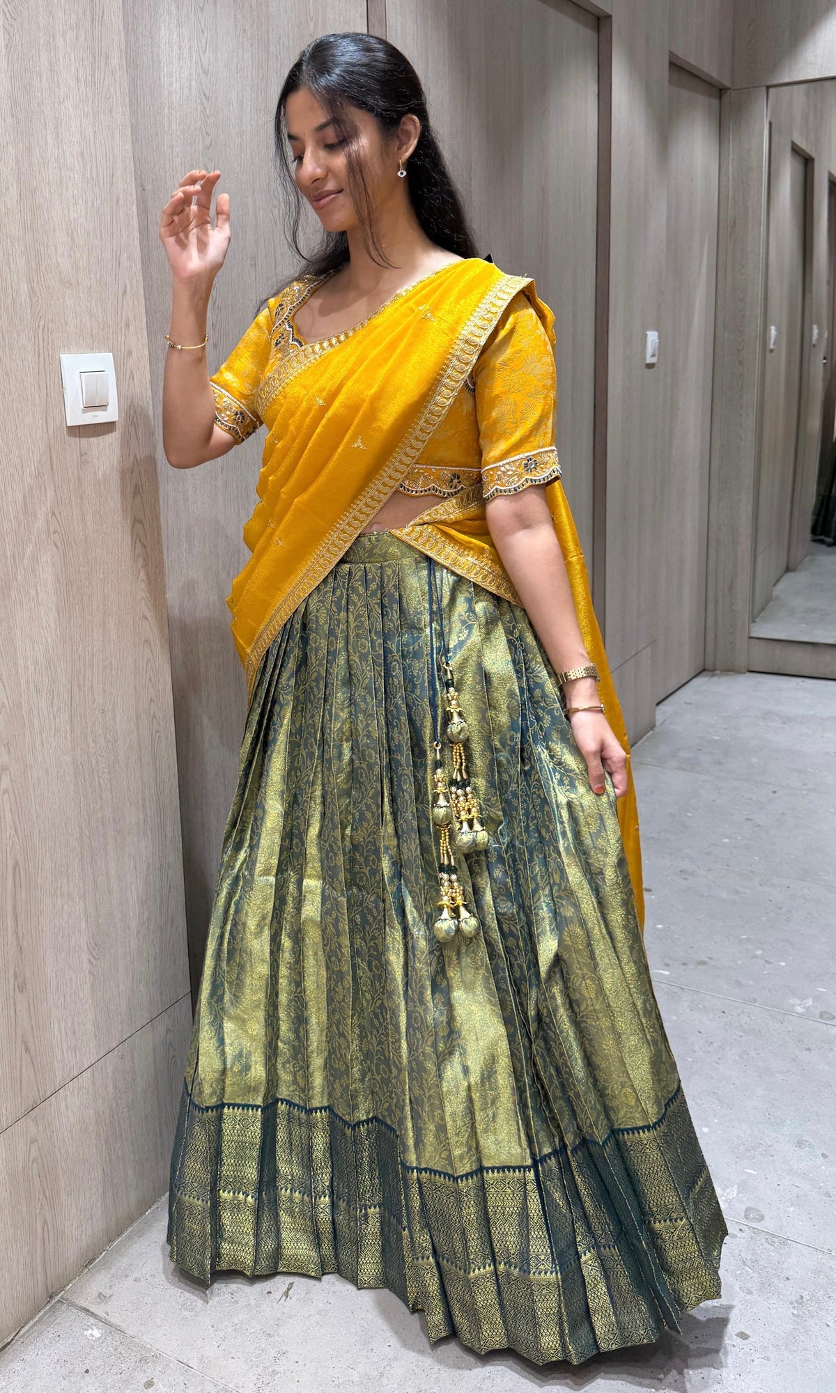 Green and yellow pattu Lehenga