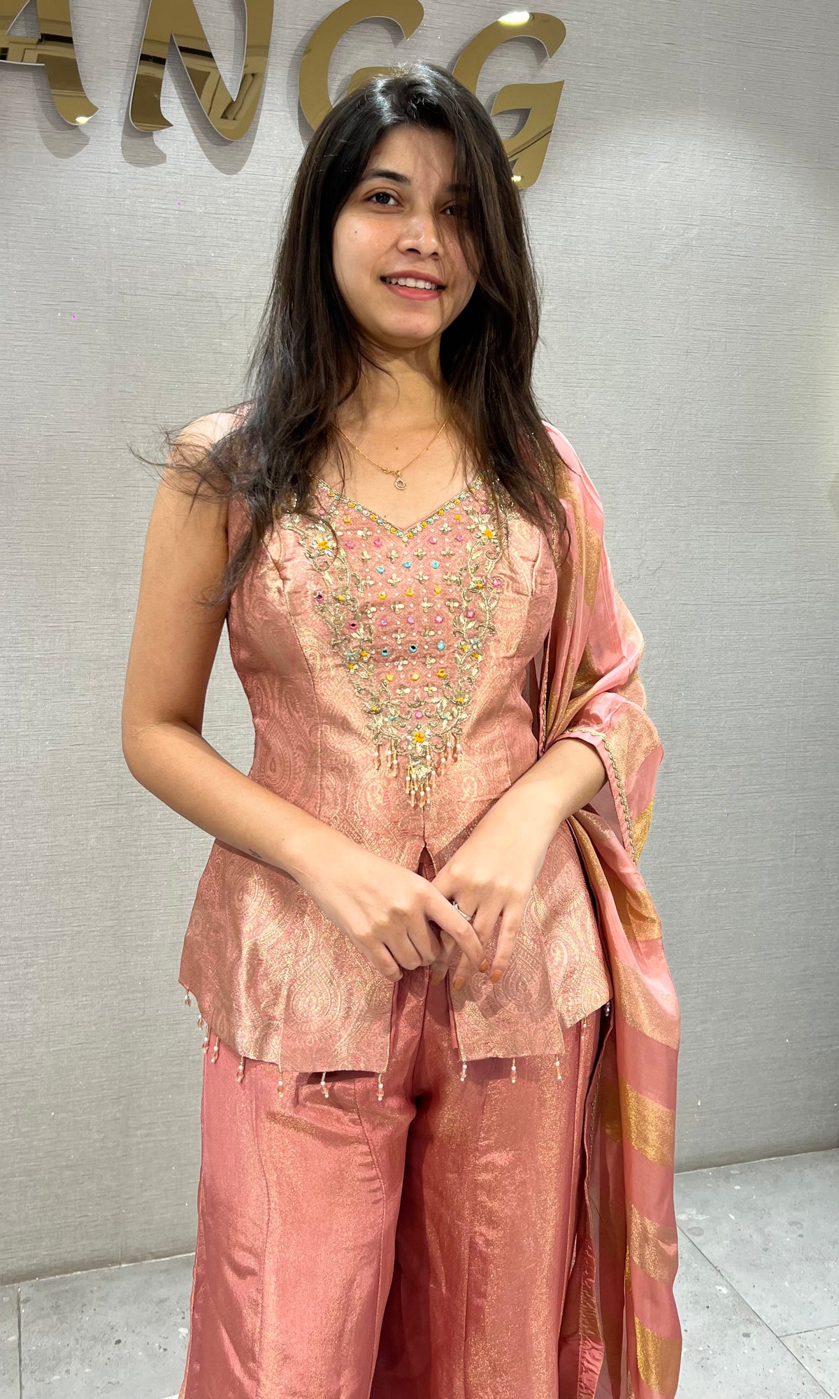 Onion pink Shimmer Tissue Peplum palazzo set with dupatta