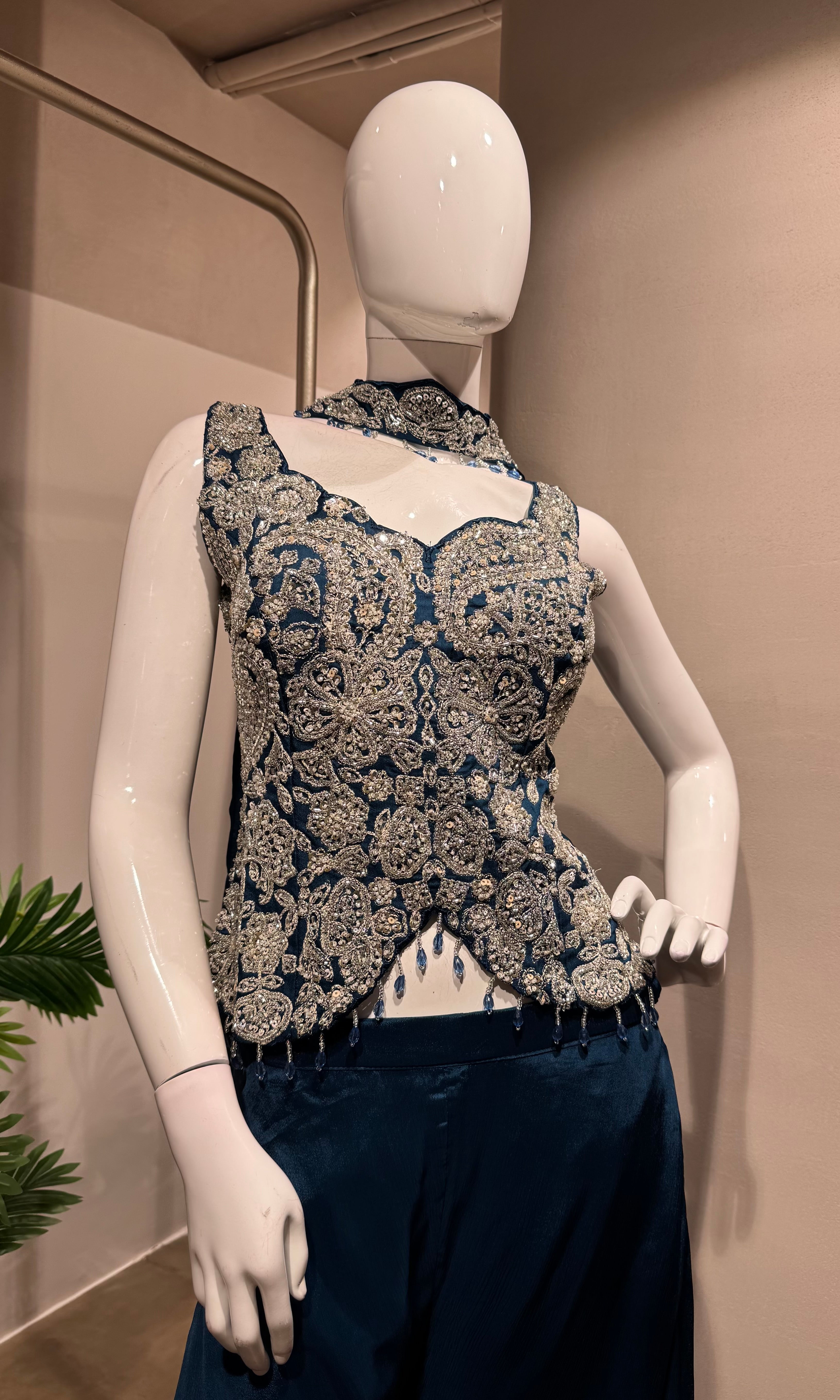Blue Embellished Peplum Palazzo Set