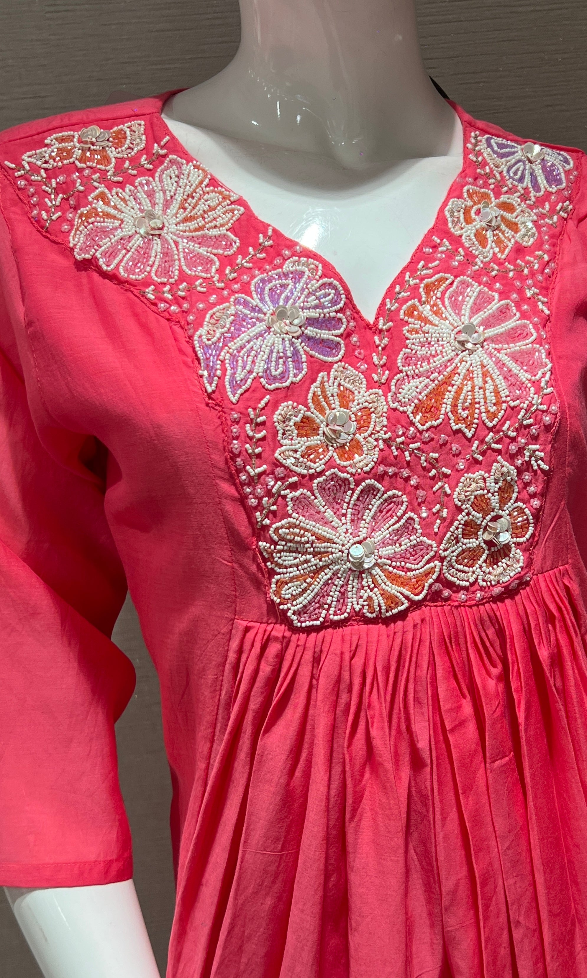 Pink Floral Neckline Kurta Set